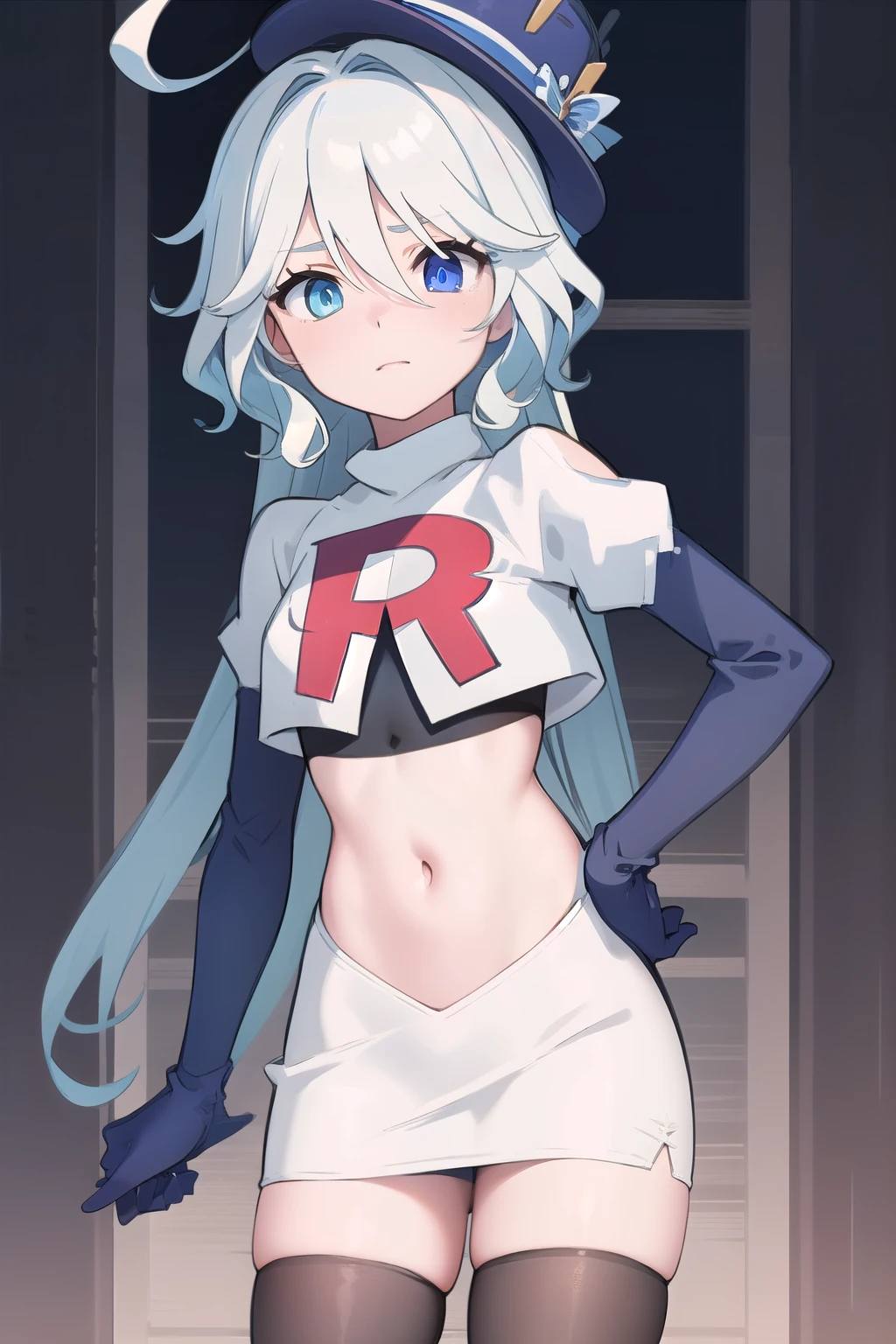 ((masterpiece,best quality)), 1girl, furina, heterochromia, blue hat, ahoge, team rocket,team rocket uniform,white skirt,red letter R,crop top,black thigh-highs,black elbow gloves, cowboy shot,