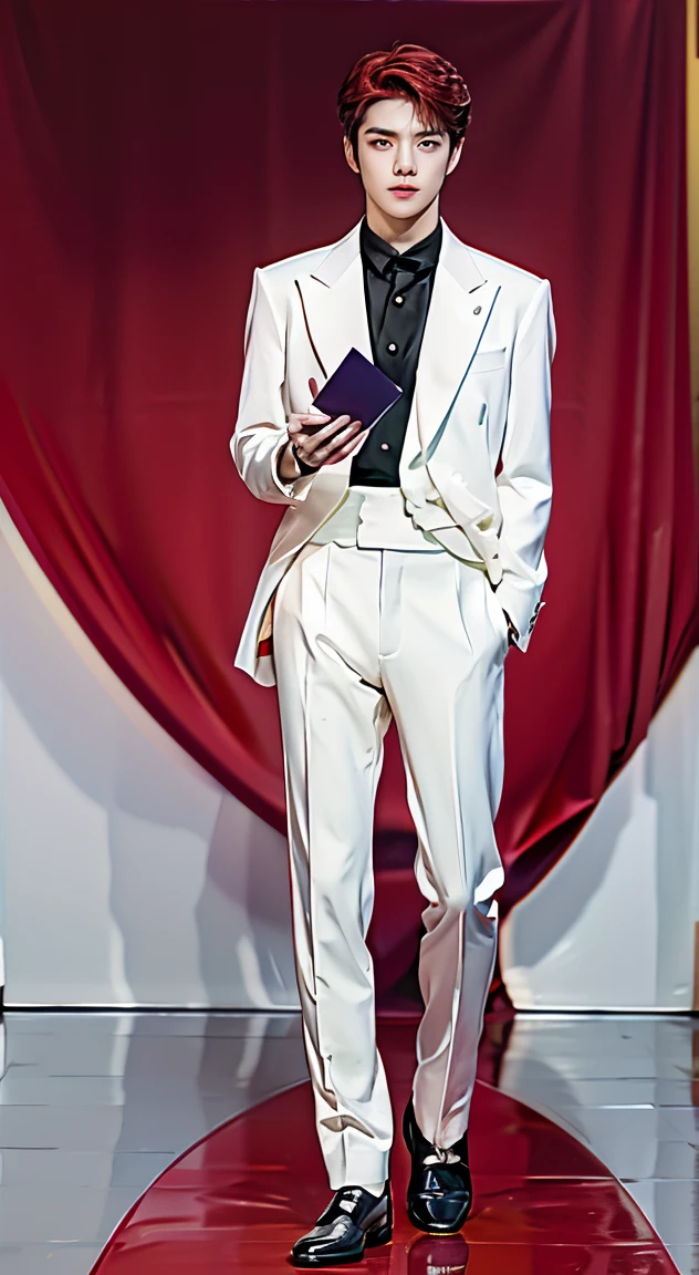 Full Body Photo 、 8K HD High Quality Image 、 Studio Background 、 Accurate 、Korean man 、 EXO Sehun 、White skin 、 Red hair 、FULL black tuxedo set 、black shoes 、Standing in a Full Height from Head to toe 、Cool Korean man haircut 、Holding cards on his hands 、NO MAKE UP 、Red FACE MASK 、Black fedora 、Black tuxedo pants 、Black necktie 