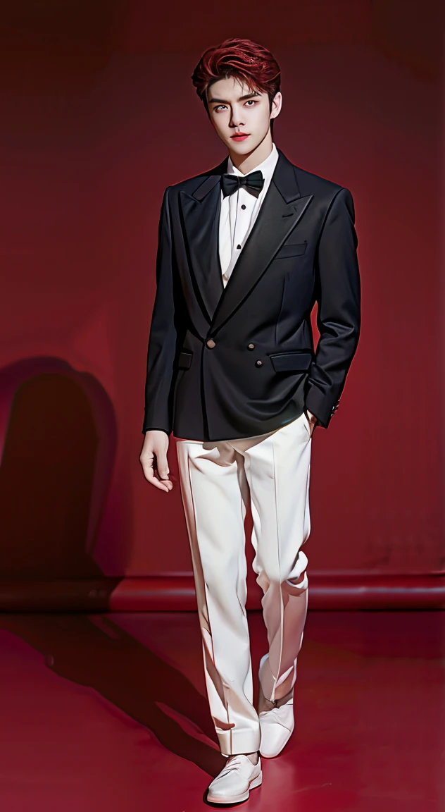 Full Body Photo 、 8K HD High Quality Image 、 Studio Background 、 Accurate 、Korean man 、 EXO Sehun 、White skin 、 Red hair 、FULL black tuxedo set 、black shoes 、Standing in a Full Height from Head to toe 、Cool Korean man haircut 、Holding cards on his hands 、NO MAKE UP 、Red FACE MASK 、Black fedora 、Black tuxedo pants 、Black necktie 