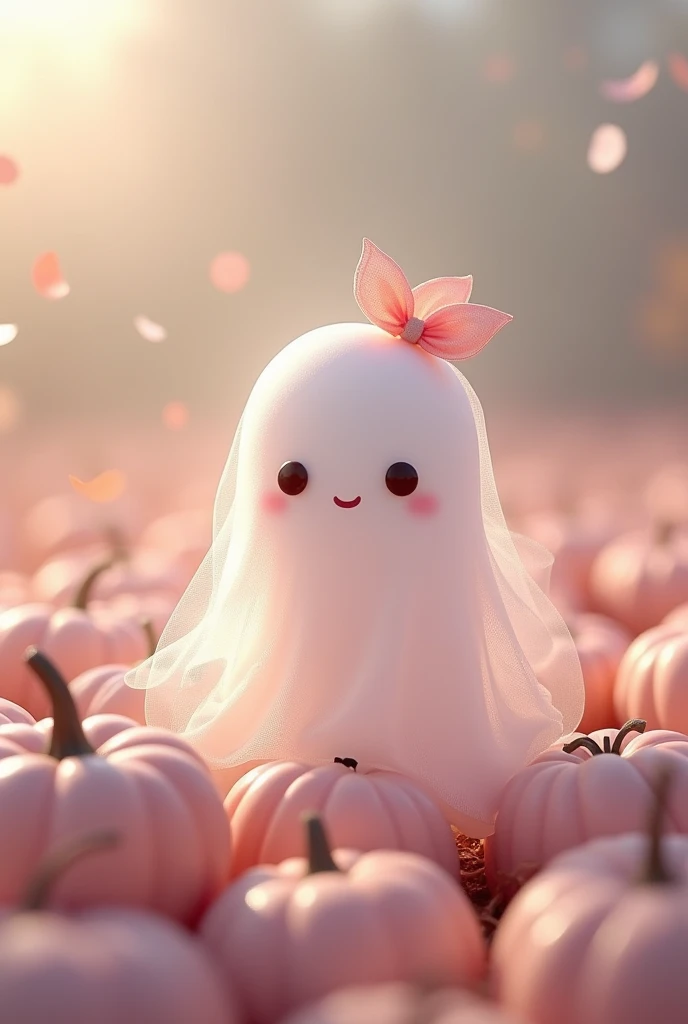 Cute little ghost with a bunch of baby pink pumpkins and a baby pink bow on her head