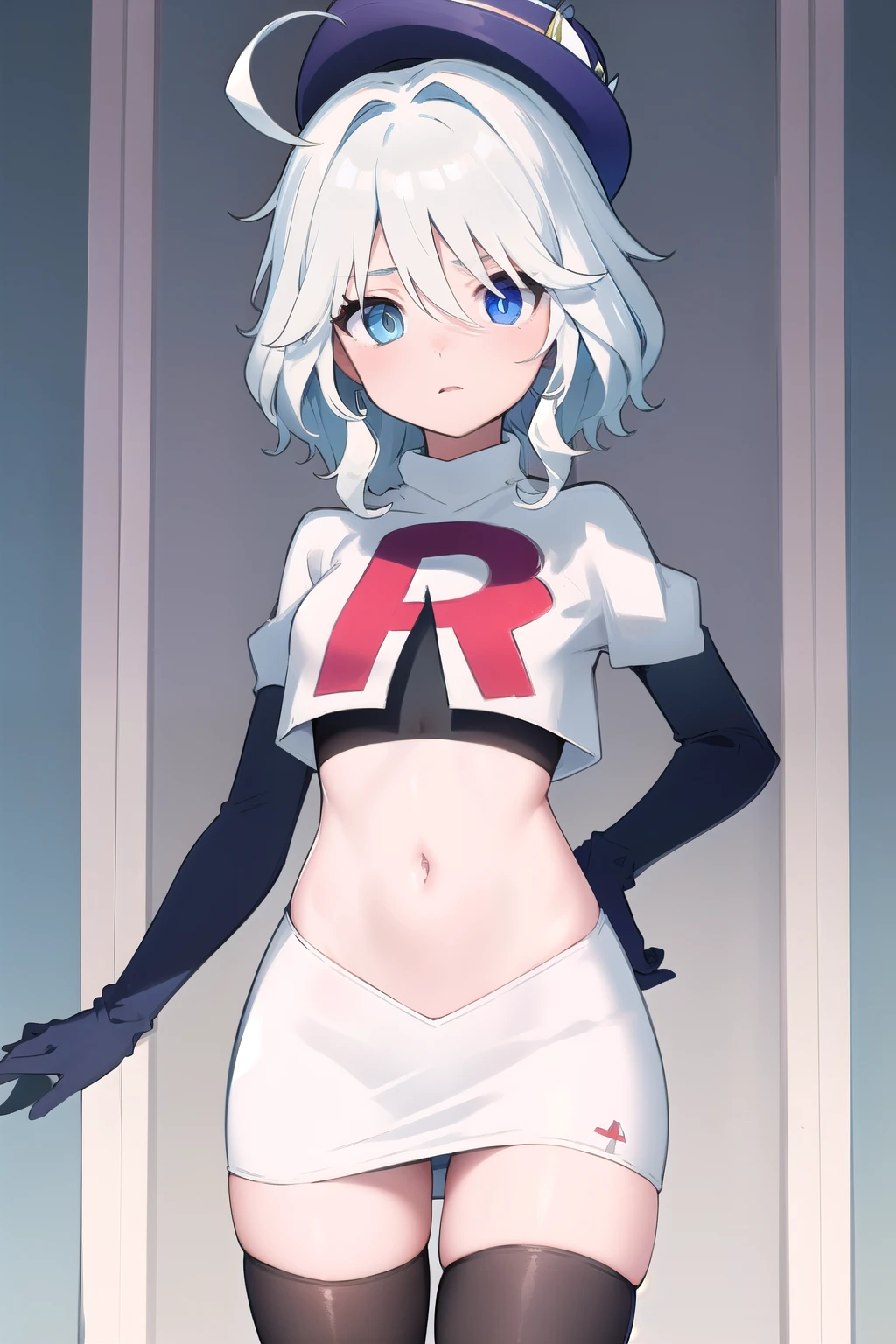 ((masterpiece,best quality)), 1girl, furina, heterochromia, blue hat, ahoge, team rocket,team rocket uniform,white skirt,red letter R,crop top,black thigh-highs,black elbow gloves, cowboy shot,