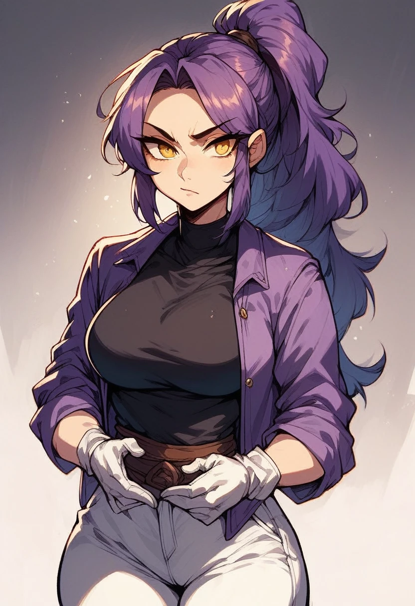 (masterpiece, best quality:1.3), SaltyXodium, Soft Lineart, Soft Shading, <lora:SaltyXodium Style Lora:1>, 1girl, solo, looking at viewer, mature female, parted lips, depth of field, wide hips, thick thighs, medium breasts, purple hair, purple eyes, long hair, smile, purple scarf, ponytail, gloves, scarf, thigh strap, dress, black gloves, long sleeves, coat, black coat
