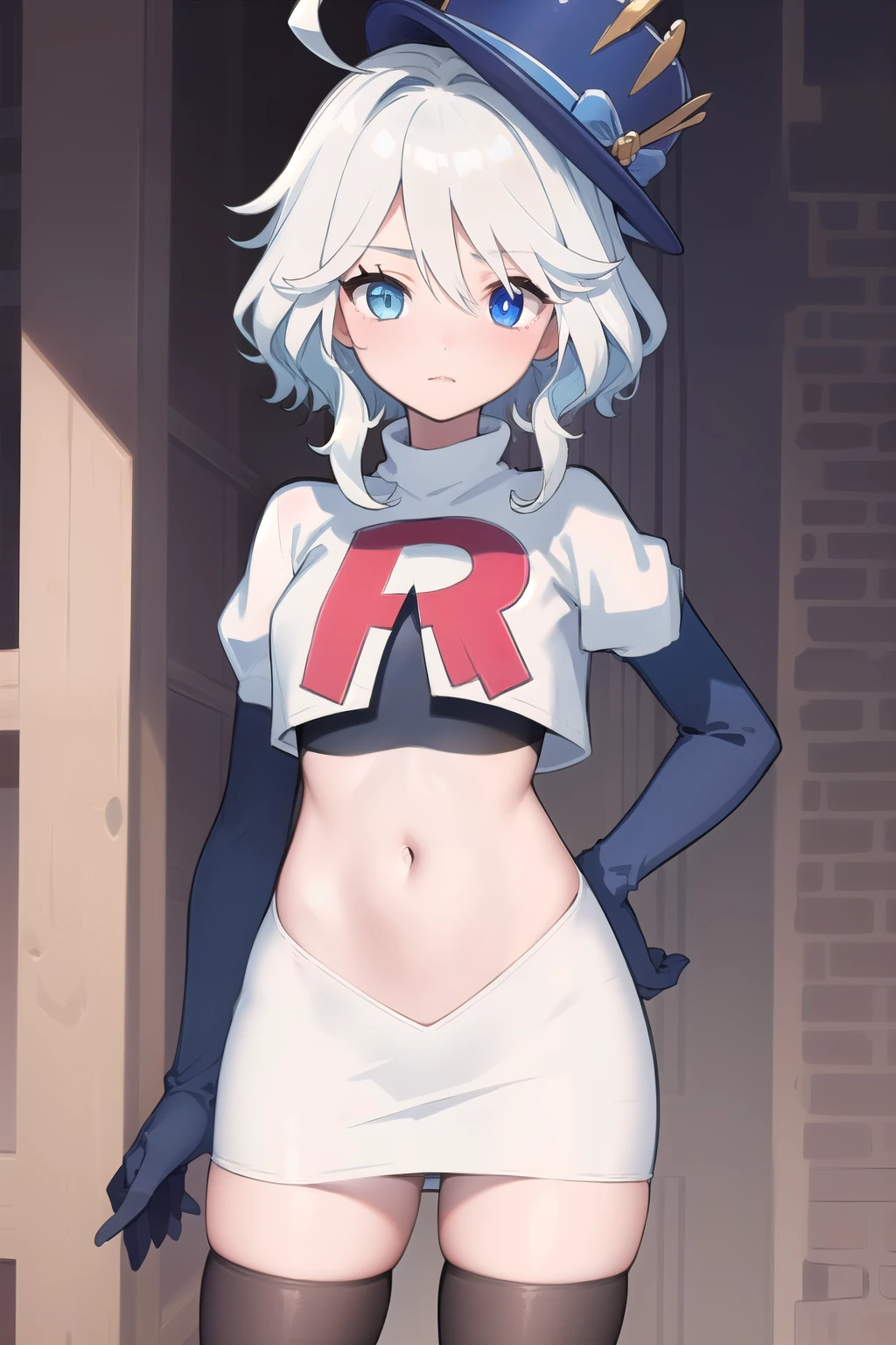 ((masterpiece,best quality)), 1girl, furina, heterochromia, blue hat, ahoge, team rocket,team rocket uniform,white skirt,red letter R,crop top,black thigh-highs,black elbow gloves, cowboy shot,