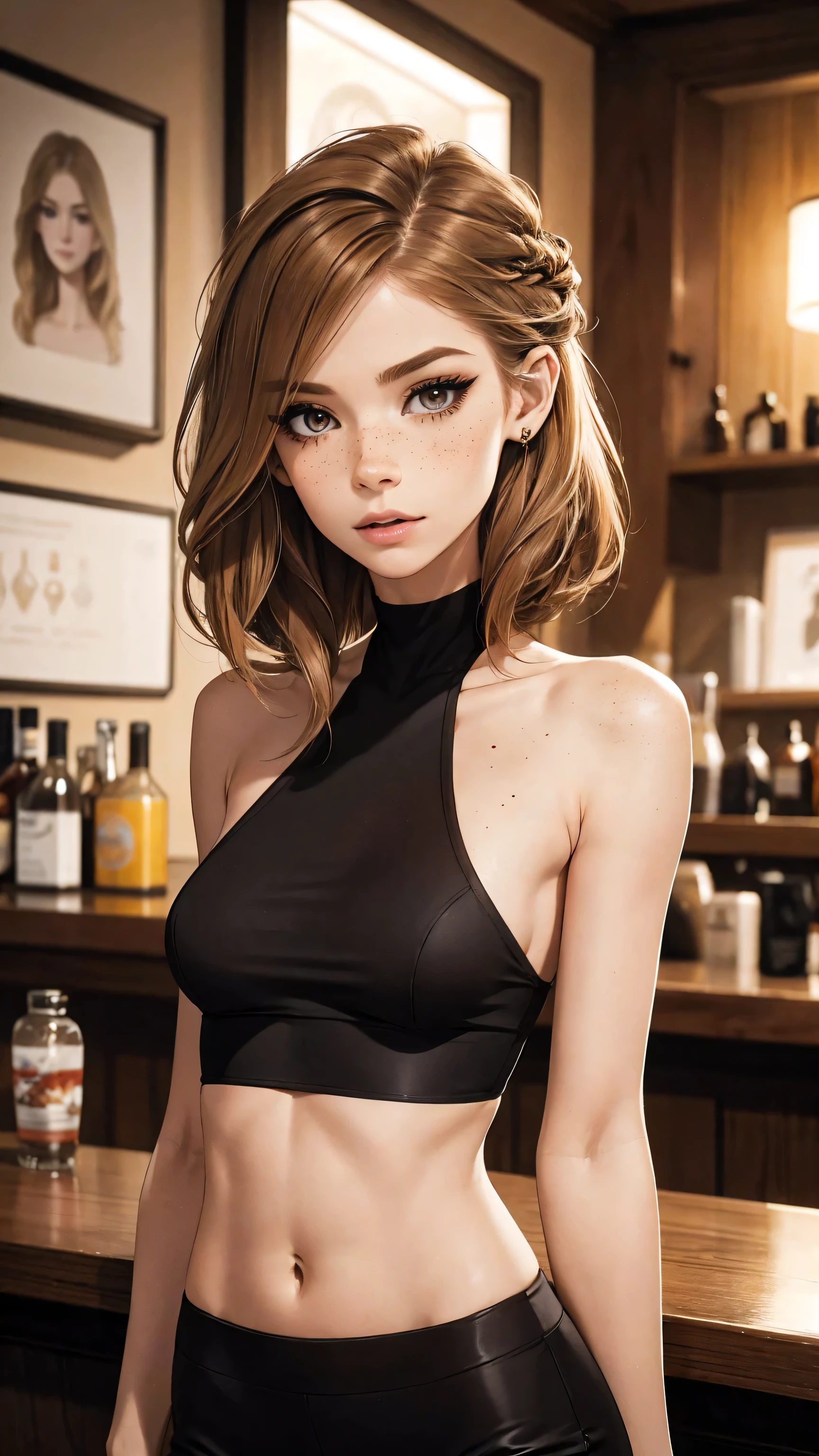 （lifelike， high - resolution：1.3）， 1 girl with a perfect body，slender body, Suprenme face and eyes， blaire ivory, lena anderson, (dark eyelashes, eyeliner), shoulder length  hair, freckles, golden brown  hair with dark roots, shoulder length hair, skinny, petite, saloon girl, saloon bartender, long torso, abdomen