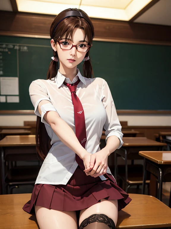 ((fall on one's butt with open legs:1.2, She shyly holds down her skirt:1.2, Embarrassed look)), Lucky Happenings, ((In the classroom)), BREAK. 1girl, sexual, naked, porn, smooth skin, wet skin, pervert, Mari Makinami, blue big eyes, brown hair, thick red rimmed glasses, headband, twintails, absurdities, RAW photo, highest quality, (work of art: 1.3), RAW color photo with high detail, professional photo, extremely detailed 8k CG wallpaper unit, photo-realistic, realistic, RAW photo, work of art, best quality, high resolution, 1 girl, 23 years old, Japanese, Oriental, short stature, straight brown hair with highlights in the front, long length, random hairstyle, athletic body, thin legs, beautiful perfect face, beautiful realistic brown eyes, glasses, fleshy lips, light skin, detailed skin texture, very large natural breasts, elegant Selfie angle, thighhighs, necktie, Slightly slim Beautiful figure, parted bangs, (Teddy Bear), ((masterpiece)), (anime realistic), High resolution, Best Quality, artistic photography, Super detailed, (high quality texture:1.2), RAW photos 