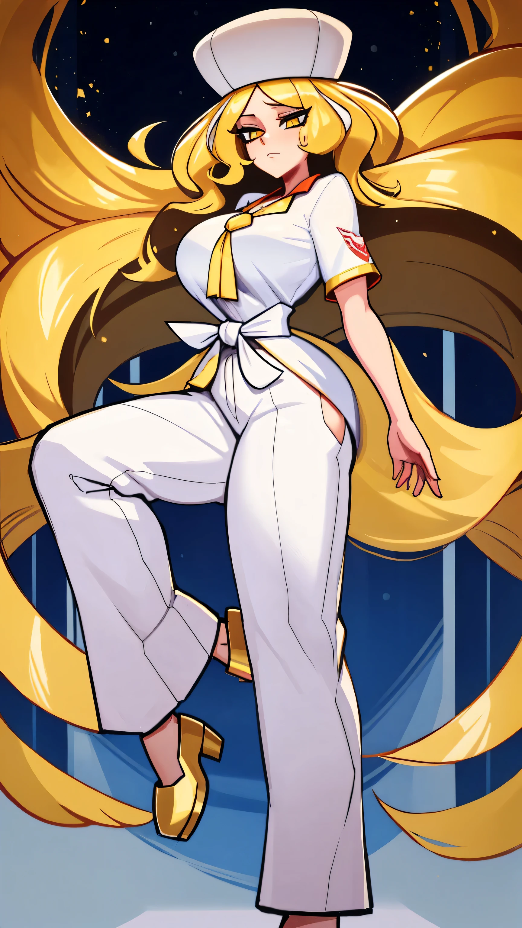 a sexy woman attractive big breast radical youth beautiful long wavy yellow hair wearing cap winter soviet golden her bright colorful eye wears white buttoned blouse tied knot short sleeve and long black pants big thigh sensual long gold heel fight she