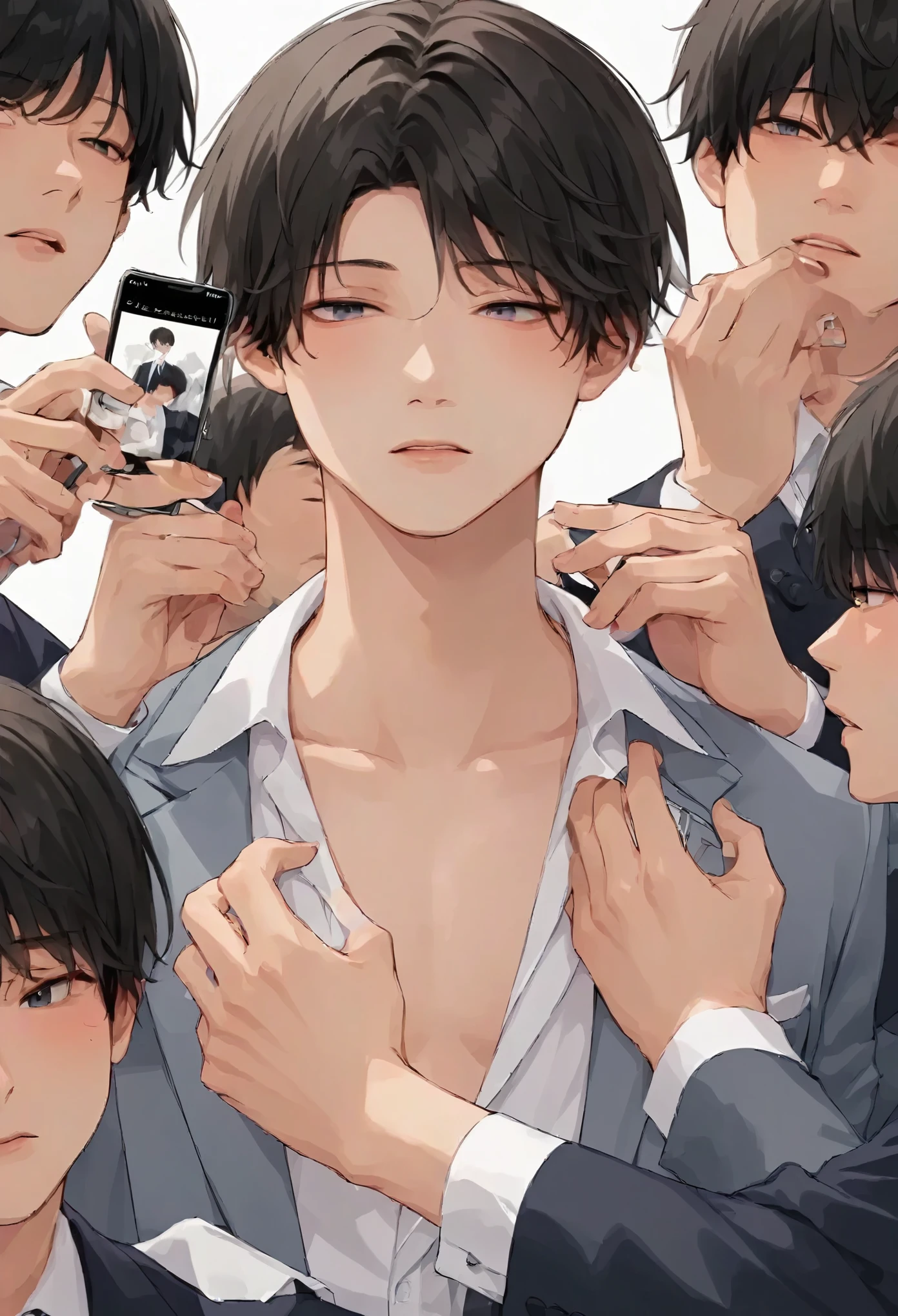 20 year old male, suit, Perfect Face、Capture the whole picture、Call on smartphone、Highest quality、Crisp illustrations、A man being stripped by multiple men