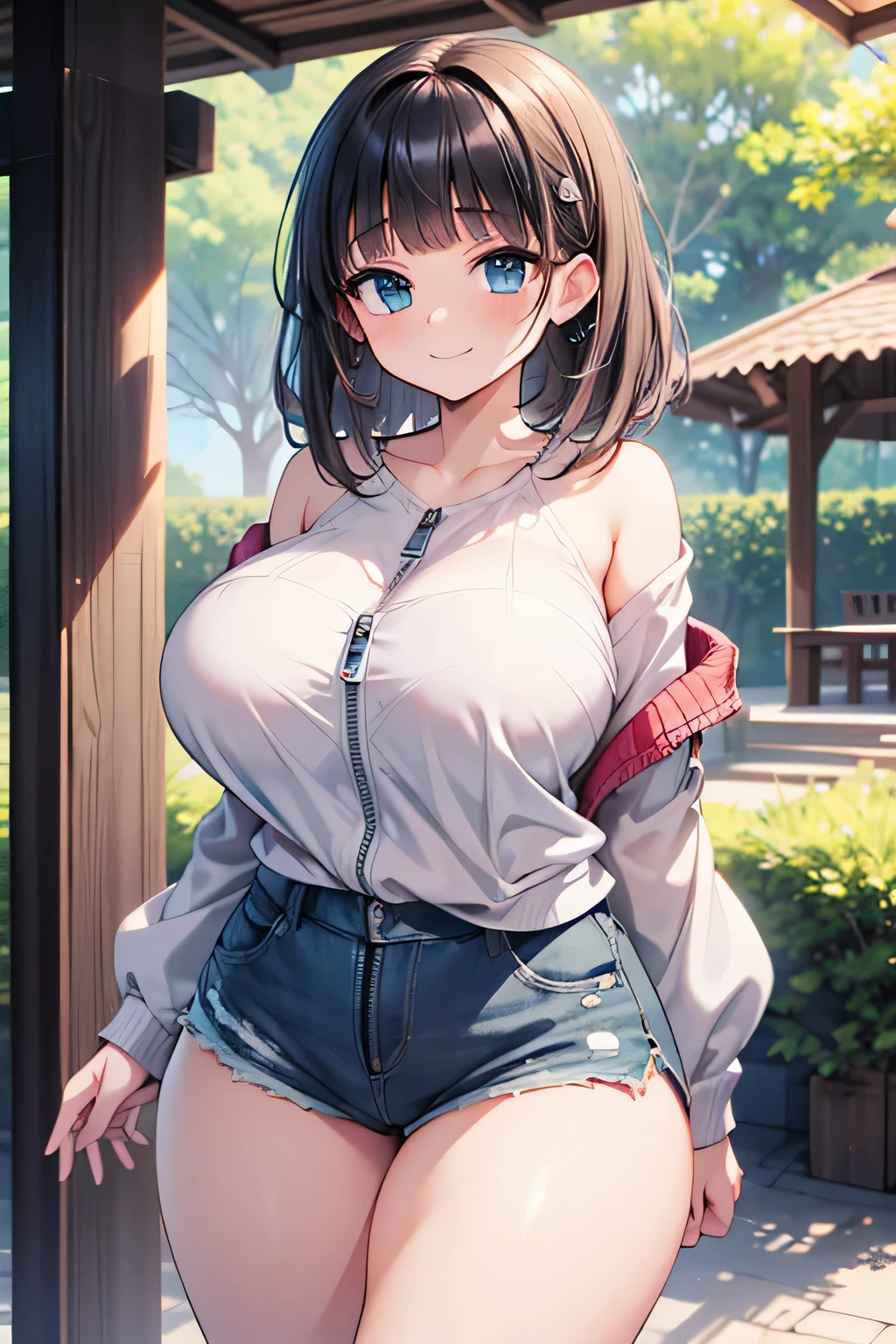 Anime illustration、High resolution、A sad smile、A short, busty, chubby gal、Natural Parks、Shaded gazebo、Off-the-shoulder shirt、The zipper of her shorts is open, revealing her panties、Bobbed hair、Appealing sexual attraction、Perfect proportions、Cowboy Shot、Fatty thick legs、Sharp Eyes、Draw hands correctly