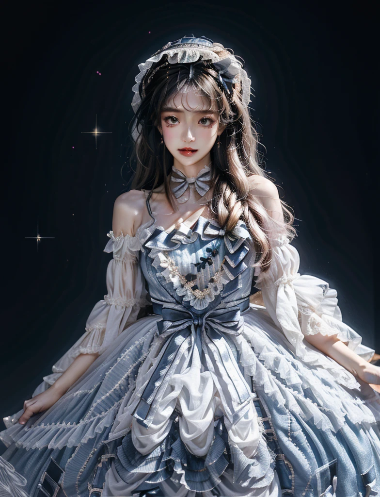1 nogizaka girl, utterly cute, bishojo, 12yo, (gothic lolita fashion), an exquisitely detailed and beautiful face and eyes and skin, detailed black shine hair, elegant frills, frilled tie, ribbon tie, rose hair accessory, (happy at the camera), (cowboy shot), (castle and palace in europe), professional lighting, BREAK, (realistic, photo-realistic:1.37), 8k, (masterpiece), (best quality:1.4), (ultra high res:1.2), (RAW photo:1.2), (a dress with delicate lace, soft fabric, and a beautiful rose pattern), perfect anatomy, 4fingers and 1thumbs, ultra detailed background, (unity 8k wallpaper)