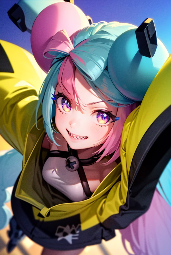 (Highest quality, masterpiece, Very detailedな, Very detailed, Exquisite, 16K,Full HD),(White Background:1.5),、Big Breasts,Pink hair and blue eyes、Yellow Jacket、Please raise your right hand、Lower your left hand、Stand only on your right foot、Raise your left leg。smile、Nanjamo,No text,(((Detailed fingers))),Upper Body