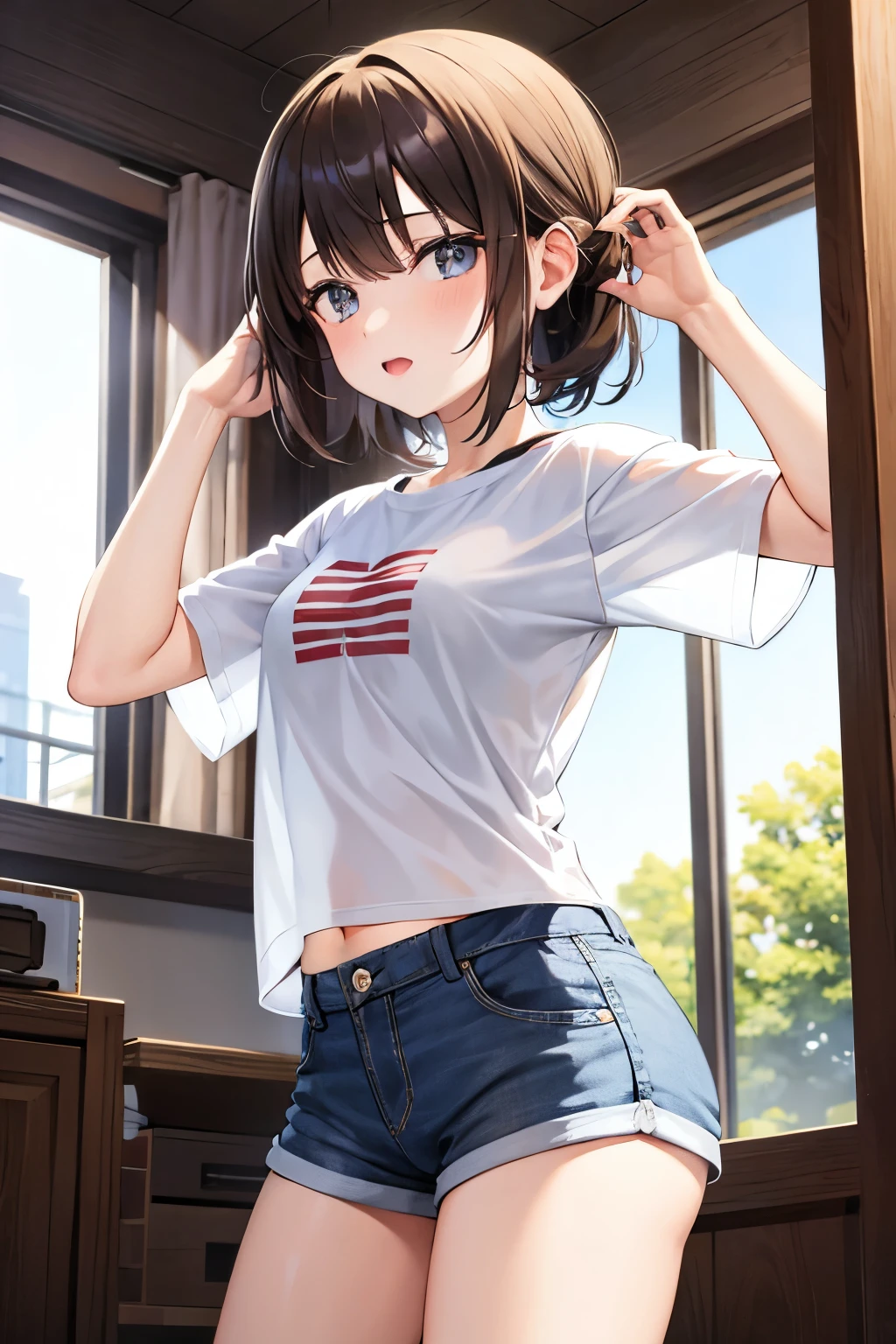 masterpiece, best quality, highres, hmochako, blush stickers, short hair, medium breasts. oversized white t-shirt, black short shorts, cowboy shot, indoors, bedroom