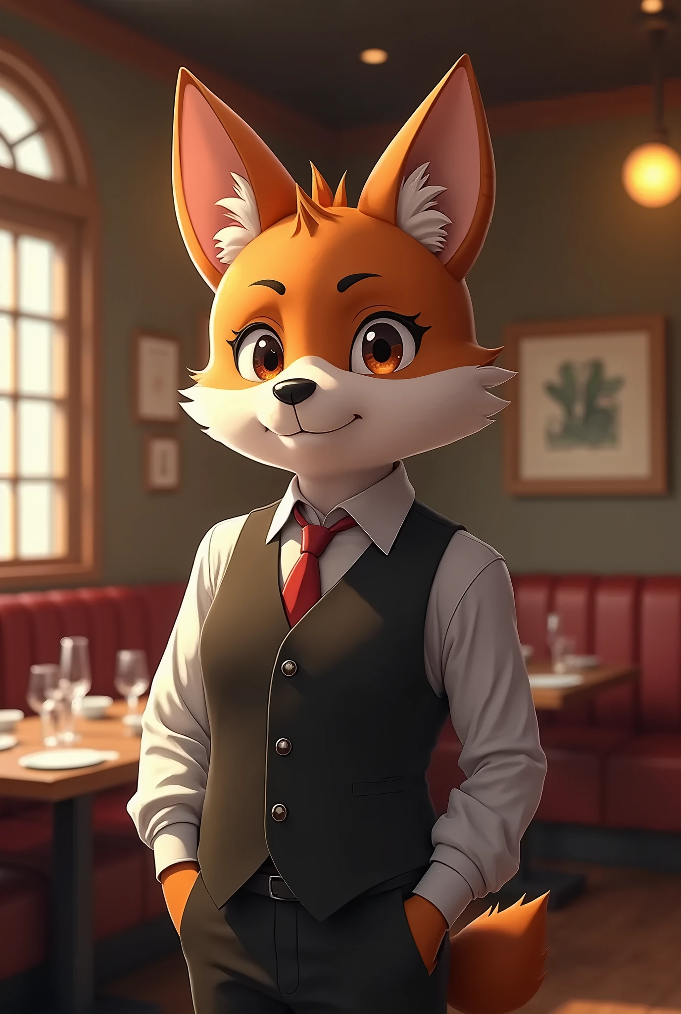 score_9, score_8_up, score_7_up, score_6_up, score_5_up, score_4_up,
Diane_Foxington, ginger fur, emerald eyes, black lipstick, black eyebrows, silver piercings on eyebrow, fox tail, (((black skirt suit))), (((tuxedo))), (((three-piece suit))), (((dress shirt))), (((black bowtie))), (((black blazer))), (((dinner jacket))), ((waistcoat)), double-breasted waistcoat, (((satin bodycon miniskirt))), high heels, pocket square, cufflinks, smirk, looking at viewer,