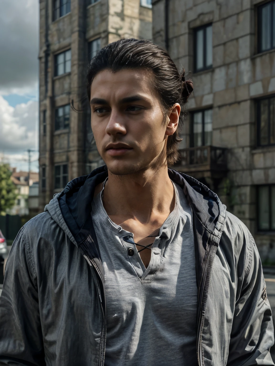 erenad ((1boy)), erenad, solo, looking at viewer, shirt, long sleeves, closed mouth, collarbone, jacket, white shirt, upper body, male focus, outdoors, open clothes, sky, day, cloud, hood, medium hair, blurry, black eyes, black jacket, hoodie, blurry background, expressionless, hood down, cloudy sky, grey shirt,eren_yeager