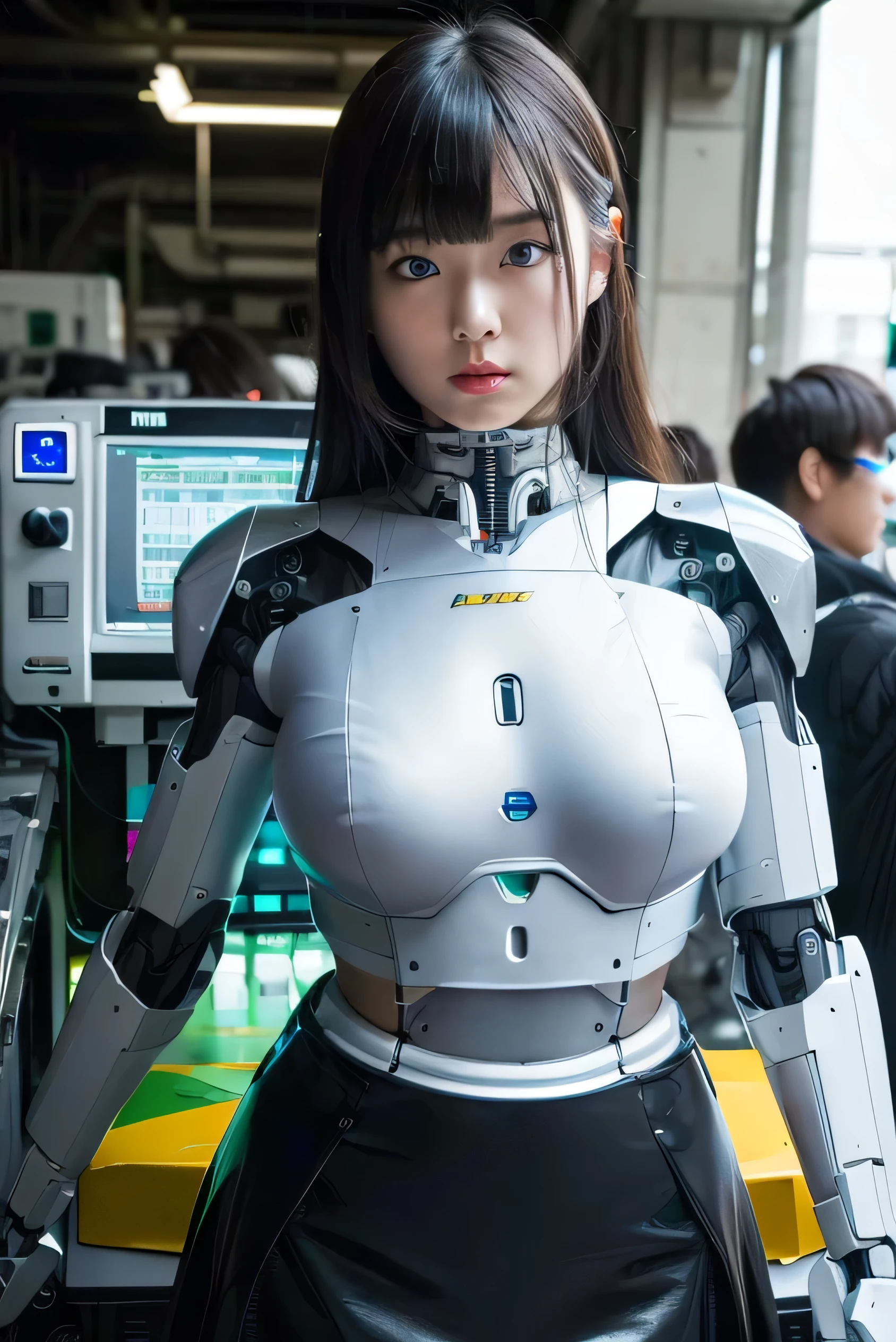 masterpiece, best quality, extremely detailed, Japaese android girl,Plump ,control panels,android,Droid,Mechanical Hand, Robot arms and legs,Blunt bangs,perfect robot girl,white robot body,mechanical neck,long tube,thick cable connected her neck,android,robot,humanoid,cyborg,japanese cyborg girl ,robot-assembly plant,She has assembled now,assembly scene,chest monitor,leather skirt,blue eyes, 