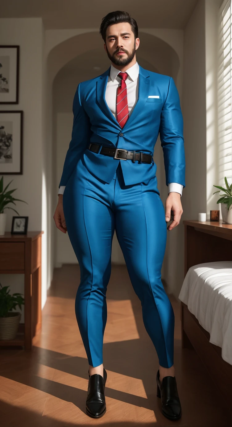 45 years old,Hidetoshi Nakata ,(Mouri Kogoro 1.3),office,bright soft light,A muscular man sitting on a chair,wear glasses,Crotch contour elevation,Wearing light blue underwear,mustache,masterpiece,HD,foot,Suit,translucent,black stockings,赤foot,Thick chest hair