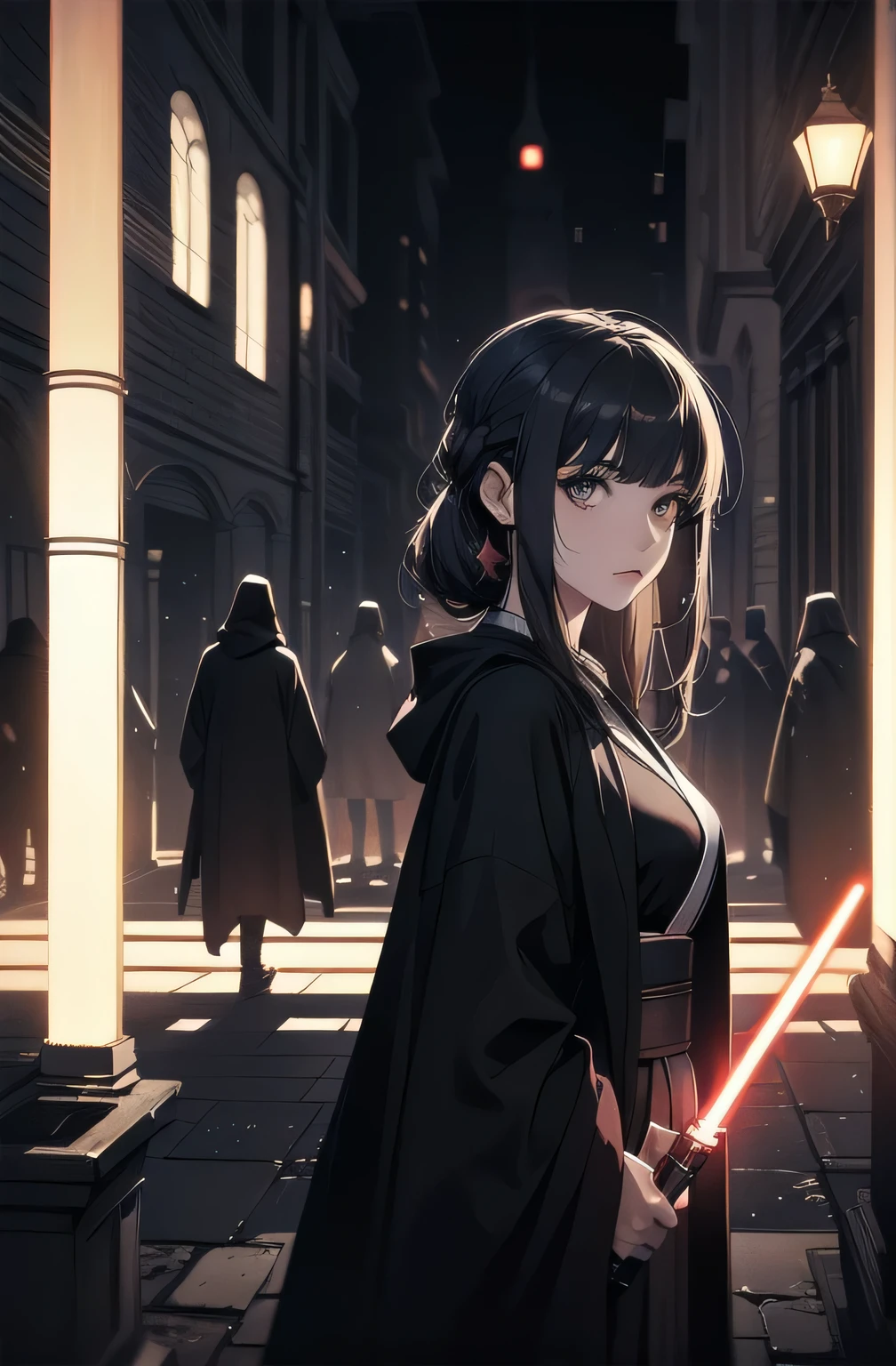 Shadow Face、Star Wars, jedi, black jedi robe、Black Robe, black belt,Star Wars concept art, Star Wars、jedi、Lightsabers、Black Robe、jediの服、Black hoodを被る、Star Wars、beautiful girl、cute、Droopy eyes、Random hair color、Beautiful Long Hair、Straight hair、bangsBangs、bangs、hime cut、Big Breasts、Slim body、slim、(Best Quality,4K,High resolution,Masterpiece 1.2),Very detailed,Real 1.37,Spooky Background,Dark fantasy,Black Theme,Ominous atmosphere,Eye-catching,Anime Style,Concept Art,beautiful, Gentle features, pale Skin, night、Dim lighting、Dark Background, Cinema Lighting, Dramatic Shadows, Spooky atmosphere, Dark words, 1 person&#39;S, Red cheeks, ,(Lightsabers1.3),Ruins,(Wasteland 1.3),((Random hair color)), Female Curves, Sexy flat stomach, Perfect hands, Extend one hand、Perfect anime character face, (Black hood)), standing, ((Black Robe), ,(Star Wars 1.3), In the woods, Moonlight Illumination, Night lighting, jungle、Space Fantasy,SF, Skeleton Gas Light,Absurd, High resolution、 ((Star Wars)), ((Best Quality)), (Very detailedな), ((Very detailed)), (beautiful), ((cute)), 1 person,(1.6)、beautiful face、Full Body Ezbian、pale, Beautiful skin、Big Breasts、Beautiful body、Slim body、beautiful feet、Smiling Kindly、Dark Building Ruins、(Ruins 1.3)、Low angle full body shot、(Random Background 1.3)、(Random Lightsabers Color 1.3)、Spirits、Droopy eyes、bangs, Long Hair, Star Wars、jedi、Blue Lightsabers、Ready your Lightsabers、Star Wars Background、Ruins、In the woodsで、night