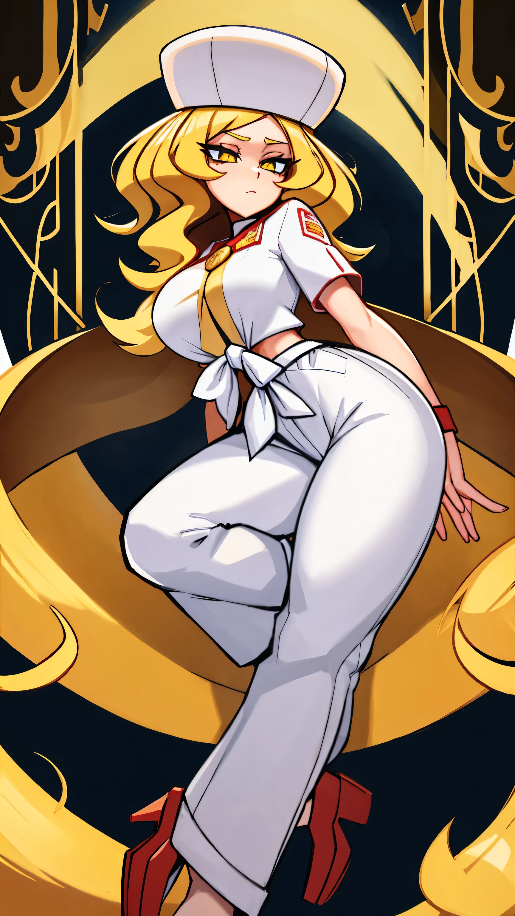 a sexy woman attractive big breast radical youth beautiful long wavy yellow hair wearing cap winter soviet golden her bright colorful eye wears white buttoned blouse tied knot short sleeve and long black pants big thigh sensual long gold heel fight she