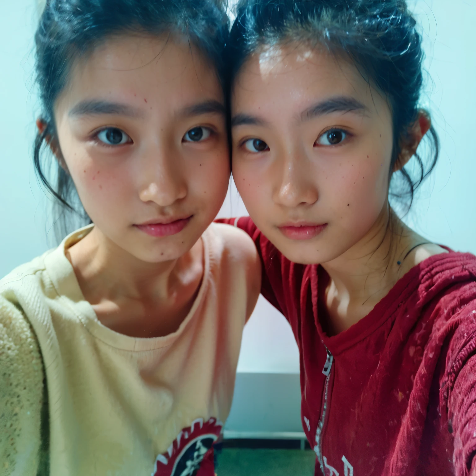 1. "Twin sisters with short hair taking a selfie in a professional studio with a white background, ultra-detailed faces, photorealistic lighting, skin texture, and subtle facial expressions, 8k RAW photo."