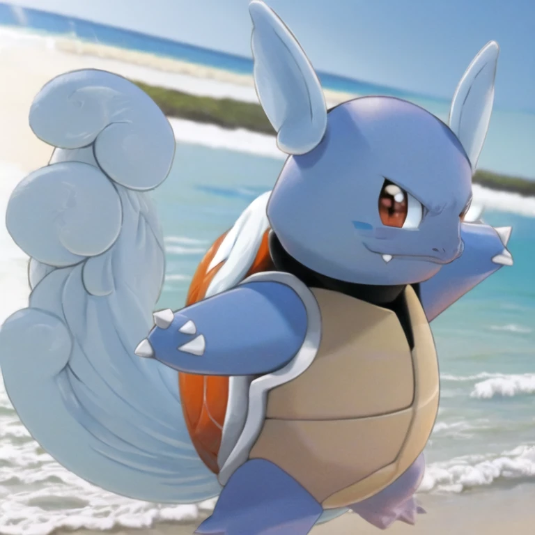 Solo, (looking at viewer:1.2), |  Wartortle_Pokemon, beach,,