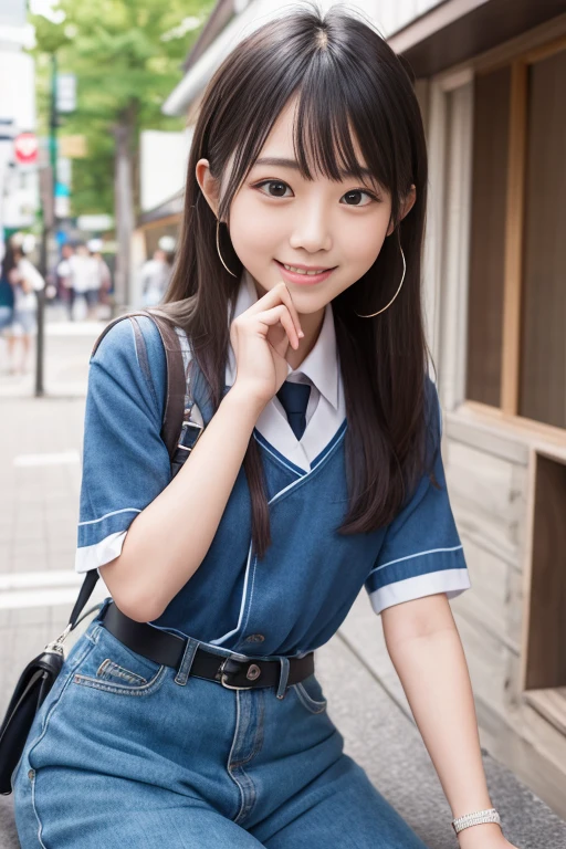、Japanese、small breasts, , twin tails, Red and navy checkered tie, navy blue mini skirt, light blue shirt, idol sculpture, Wet, smile、Pink wall、Her underwear is slightly visible、sexy、slender