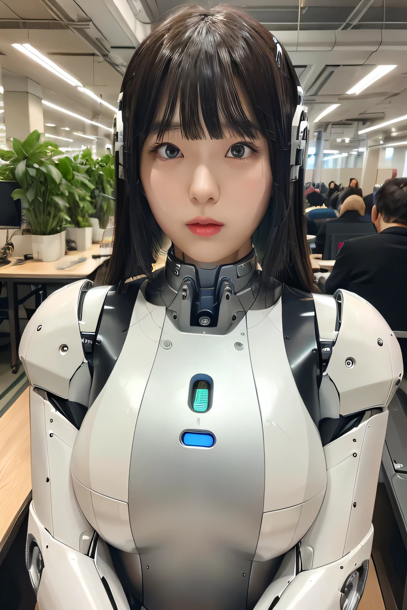 masterpiece, best quality, extremely detailed, Japaese Cyborg girl,Plump , control panels,android,Droid,Mechanical Hand, Robot arms and legs, Black Robot Parts,Black hair,Mechanical body,Blunt bangs,White robotics parts,perfect robot girl,long tube,thick cable connected her neck,ceramic body ,mechanical body, mechanical ear cover, mechanical costume,android,robot,humanoid,cyborg,japanese android woman ,mechanical chest,full eyes,future laboratory,connecting a cable between the legs,rolling eyes