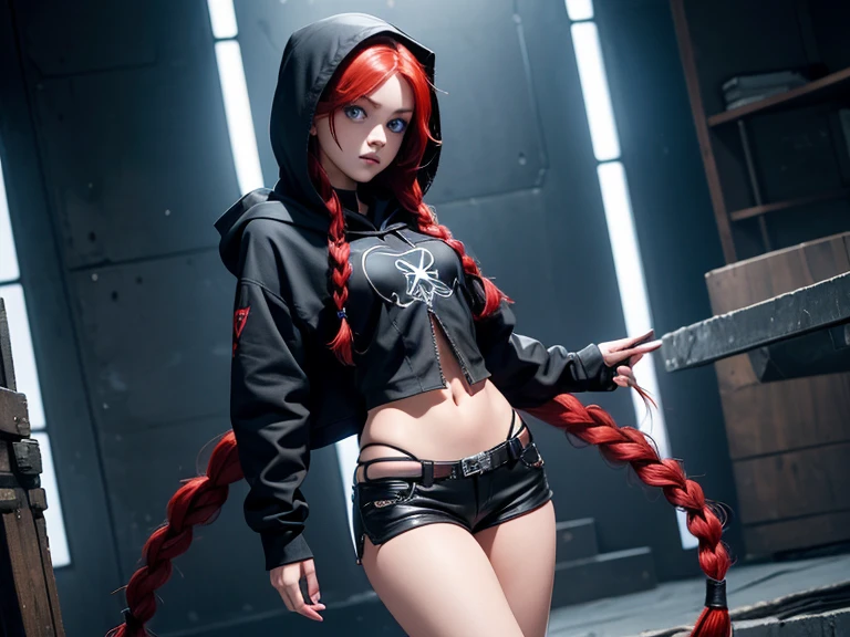 a young teenage girl, has blue eyes and red hair with a very long braid, she wears revealing black gothic clothes, she wears shorts and her top has a hood, black clothes, also with a star-shaped opening symbol on the chest. 