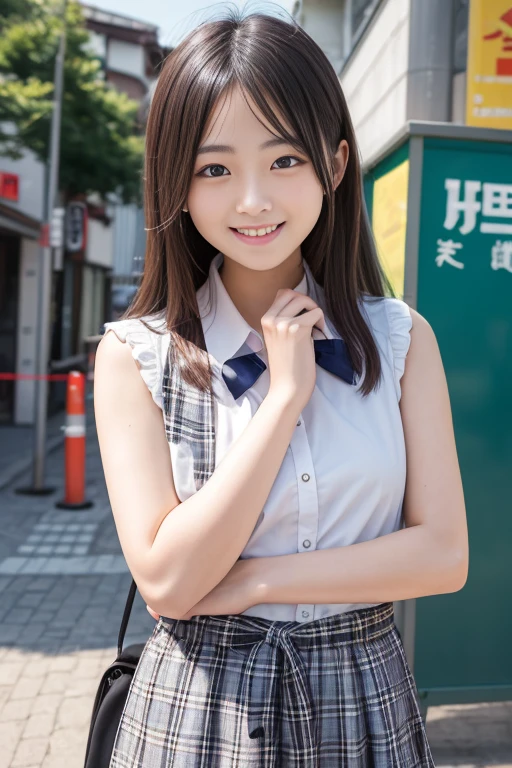 (8K、Raw photography、Highest quality、masterpiece:1.2),(Black Hair、Dark Eyes:1.9),(High school girls、school uniform:1.6)、View your audience,Viewed from the front,White skin,(ponytail:1.4)、(Tight waist:1.6)、(Clothes that accentuate the shape of the breasts:1.0)、(Big Breasts :1.3)、Slim figure、Ultra-high resolution,beautiful,beautiful fece,(One person、No background:1.9),whole bodyボディー,Japanese women,(reality的:1.37)、Photon Mapping,reality、(Baby-faced and cute: 1.4)、(Cute Smile: 1.8)、(Round face: 1.8)、Radio City、Physically Based Rendering、Depth of field rally background、photograph, (I can see your knees、Thigh close-up:1.8),(:1.6),whole body、Great quality