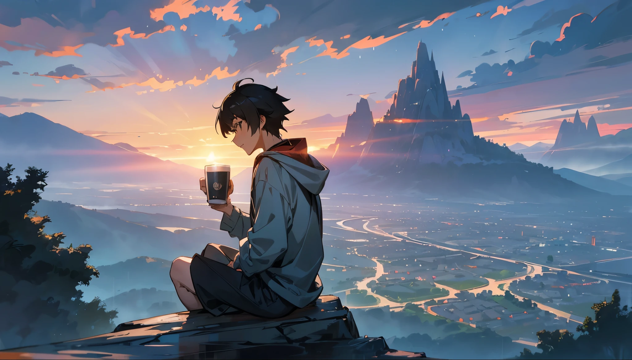 Draw a Viral Anime Art Style, Makoto Shinkai Anime Art, Ultra-wide shot, 32k,showcase A man holding a cup of coffee in a grey hoodie, with the hood covering his head, wearing black cappery shorts, sits at the top of a mountain. He is sitting at the mountain top and gazes over a breathtaking panoramic view of a magical valley, villages and river, bathed in the warm glow of the late afternoon sun. The scene is set in rainy season blends adventure with serenity, as the man enjoys the solitude and beauty of nature.