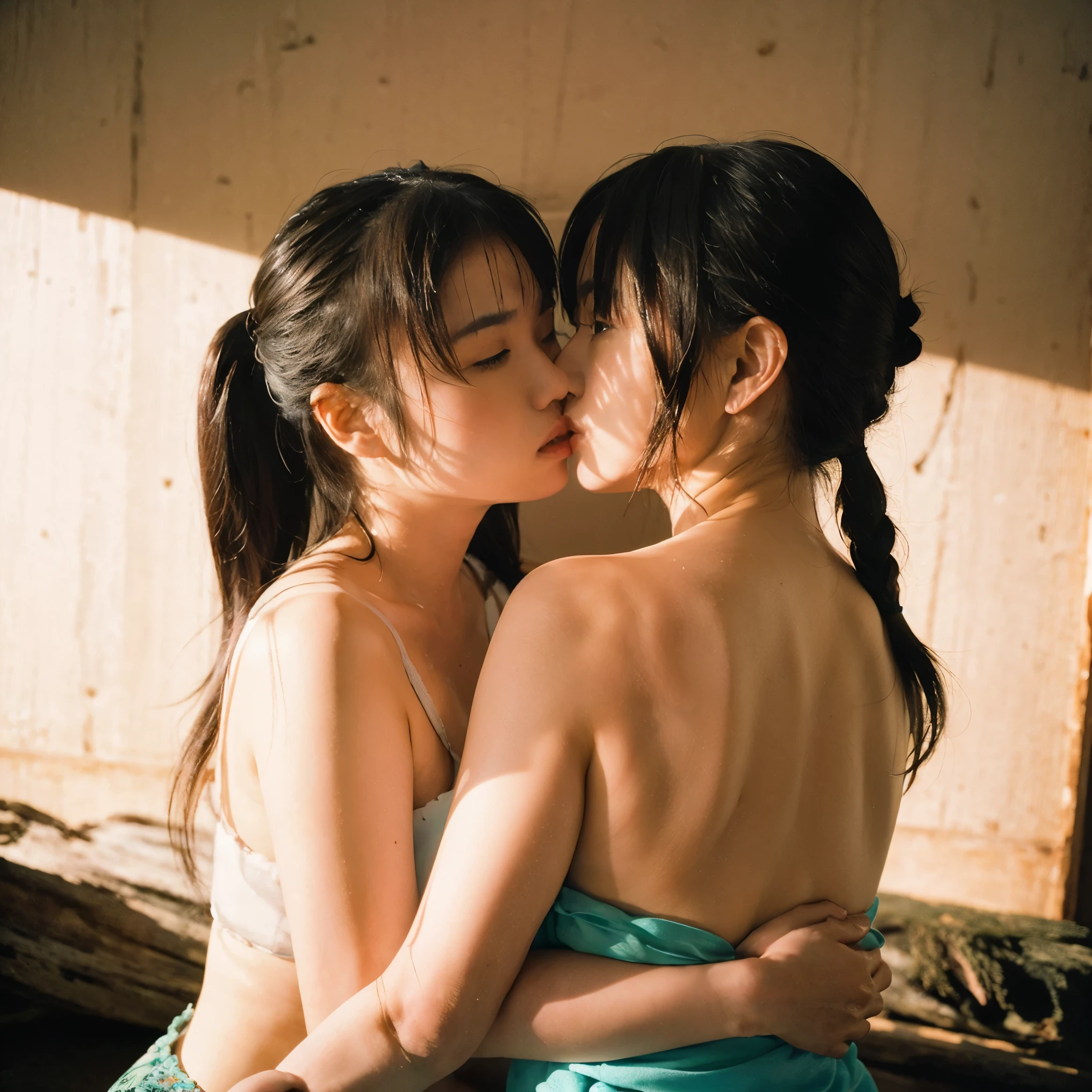 Scene 7: "8K, RAW format, masterpiece. Two Japanese women share a passionate kiss in a dimly lit room, with one gripping the other’s back. Shadows snake over their faces, emphasizing the intensity and vulnerability of the moment. Minimal light creates a dramatic atmosphere."