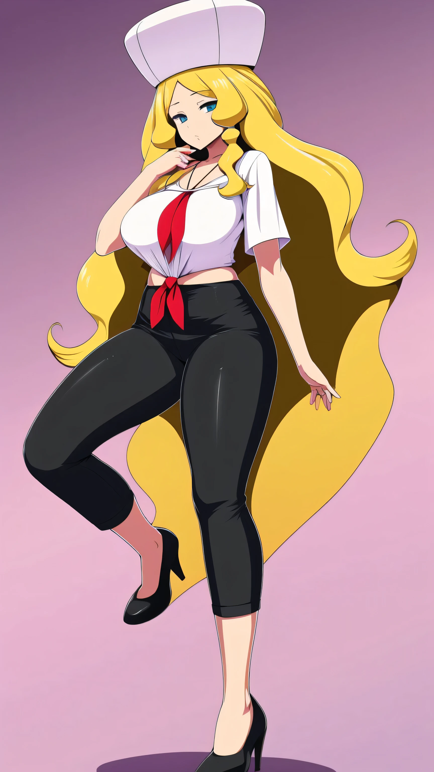 a sexy woman attractive big breast radical youth beautiful long wavy yellow hair wearing cap winter soviet golden her bright colorful eye wears white buttoned blouse tied knot short sleeve and long black pants big thigh sensual long gold heel fight she