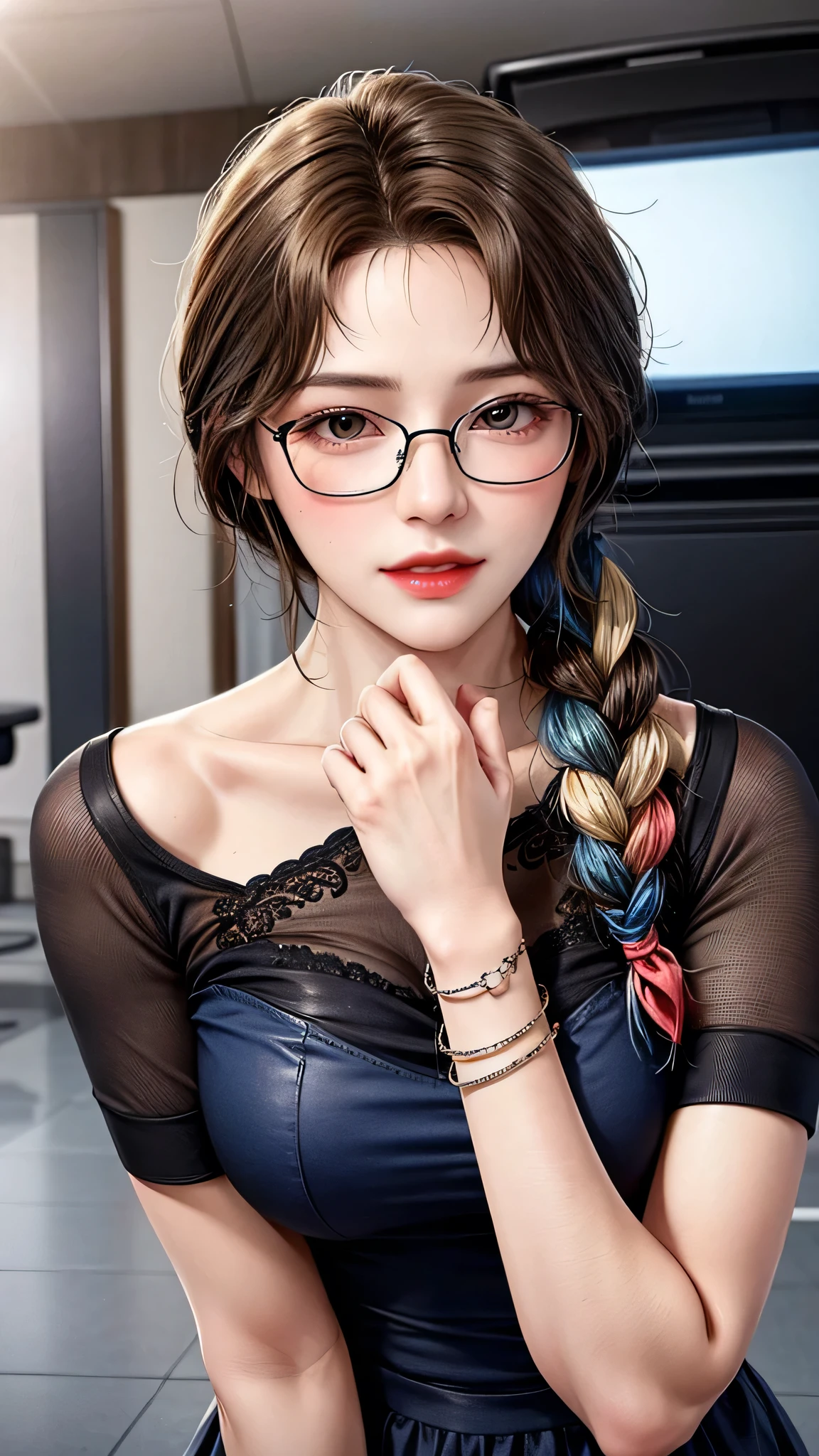 Professional, High level of detail, close up photo (attractive mature 45yo woman:1.3),ray tracing, natural lighting, (blushing:1.1 ), (classy, elegant, dandy)1.2, perfect face, dark blue dress, (((glasses, covered))), medium round breast, closed dress, Slim Face,(mature) , Pretty Lady, smile eyes, see full image, bracelet, (at hair salon), view from up front, loose hair