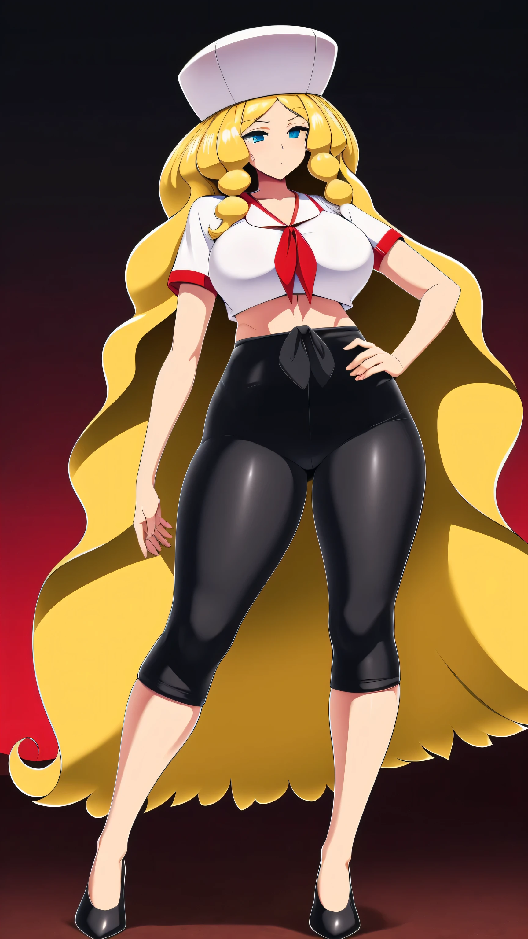 a sexy woman attractive big breast radical youth beautiful long wavy yellow hair wearing cap winter soviet golden her bright colorful eye wears white buttoned blouse tied knot short sleeve and long black pants big thigh sensual long gold heel fight she