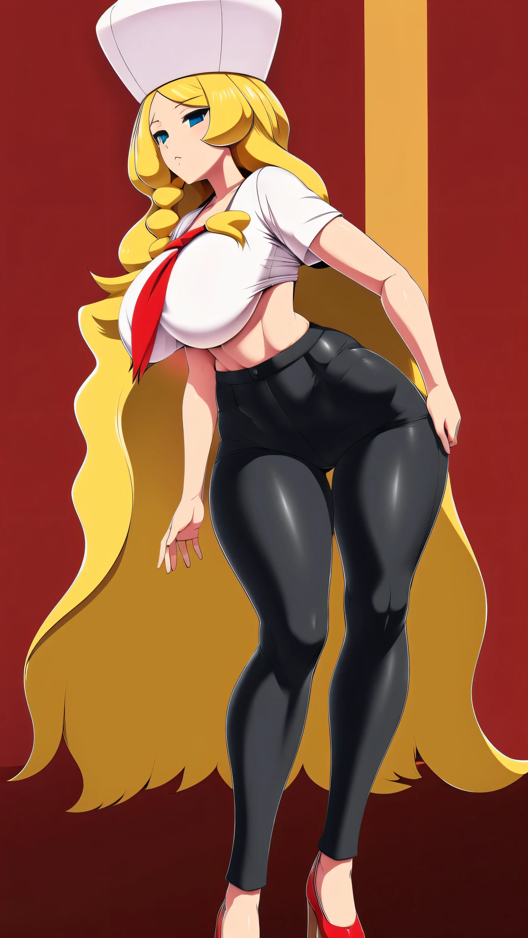 a sexy woman attractive big breast radical youth beautiful long wavy yellow hair wearing cap winter soviet golden her bright colorful eye wears white buttoned blouse tied knot short sleeve and long black pants big thigh sensual long gold heel fight she