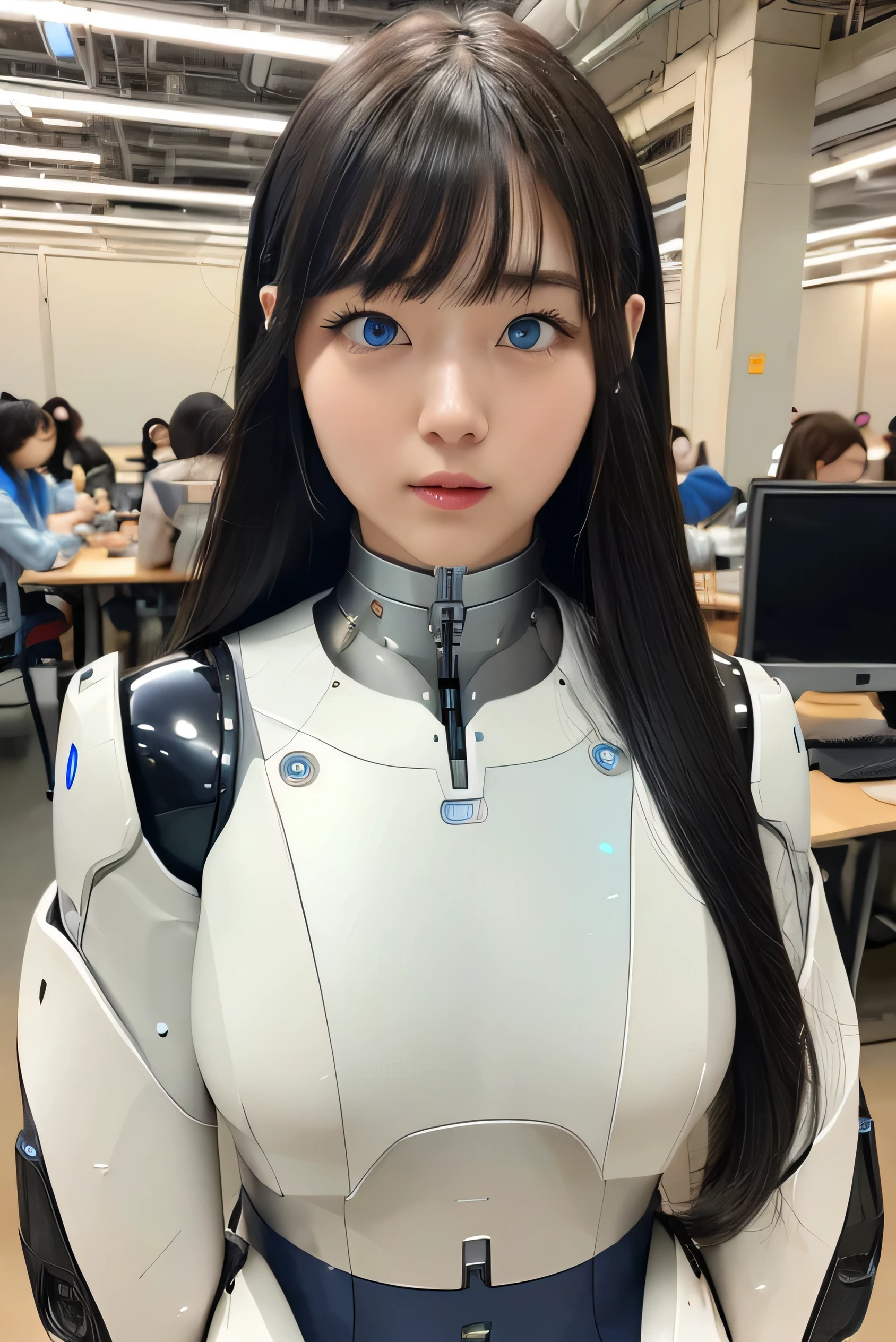 masterpiece, best quality, extremely detailed, Japaese android girl,portrait,Plump,a bit chubby,control panels,android,Droid,Mechanical Hand, Robot arms and legs, Black hair,Blunt bangs,perfect robot girl,long tube,thick cable connected her neck,android,robot,humanoid,cyborg,japanese cyborg girl ,robot-assembly plant,She is assembling now,assembly scene,chest monitor,office-lady,blue eyes