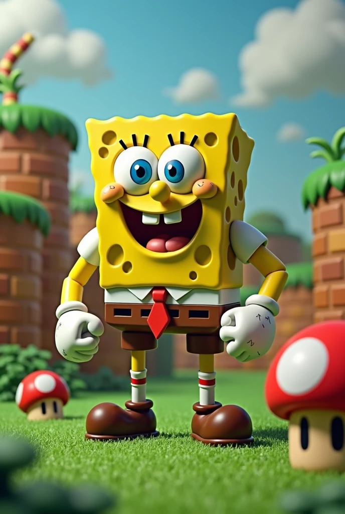 A hyper-muscular 3D-rendered SpongeBob standing at the doorway with a determined expression. His exaggerated, muscular physique contrasts with his small stature. The setting appears to be his underwater home, with the lighting emphasizing his bulging muscles and strong presence.