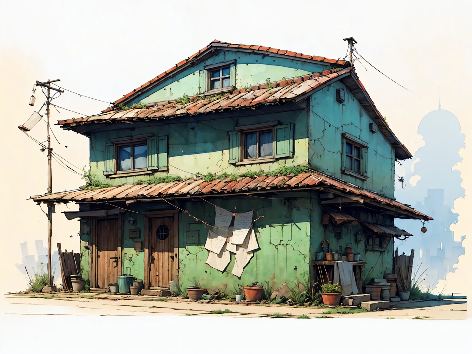 Small house, unfinished sketch, watercolor on paper, (simple background:1.2)