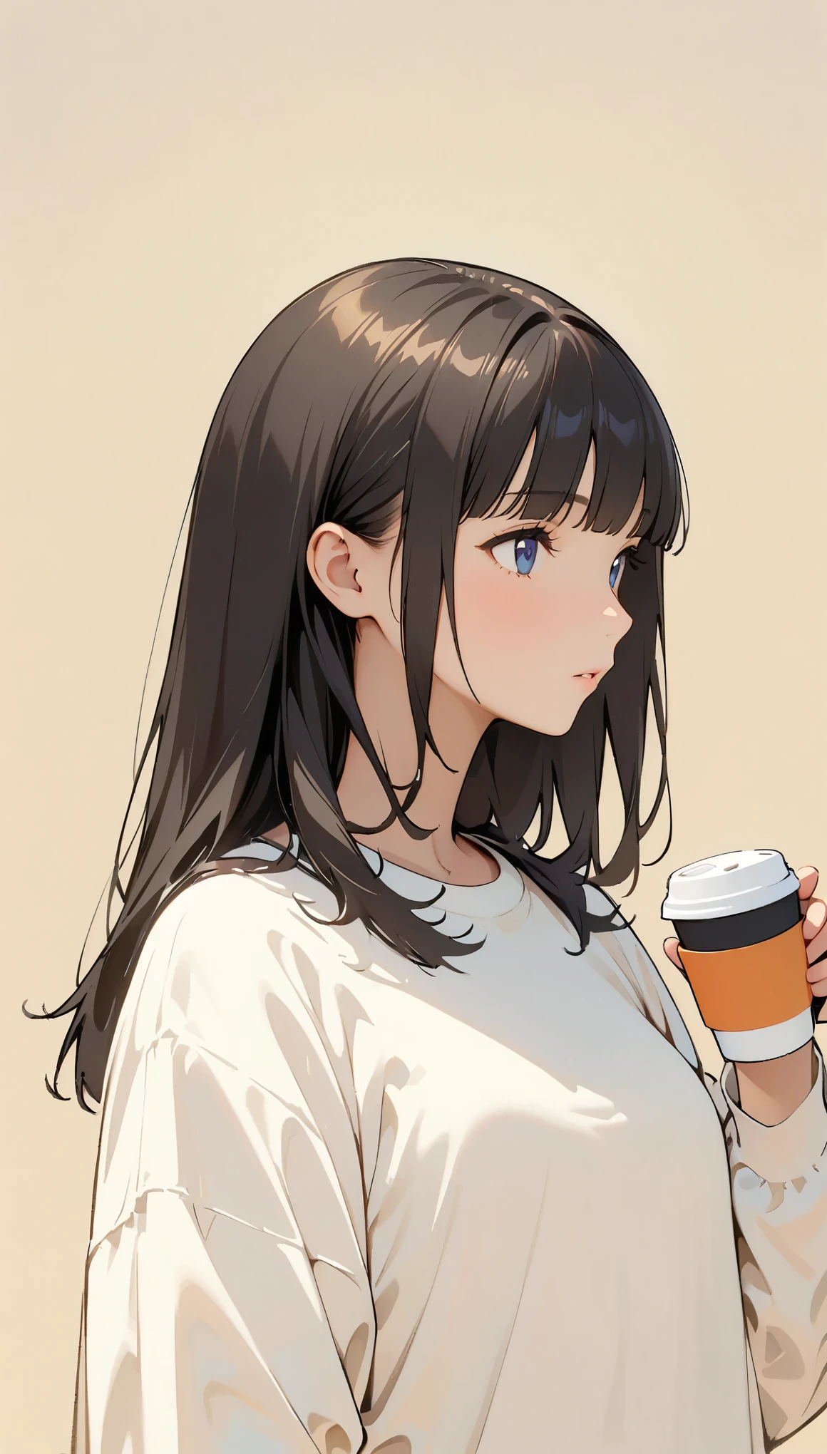 (Best Quality:1.2, Very detailed, Latest, Vibrant, masterpiece:1.2,Best aesthetics), Monochrome, girl, 20th Generation, Morning Scenery, Holding coffee in hand, Morning Coffee, ((Front close-up shot:1.2)), Hime cut, Bangs, Long Hair, Calm brown hair, ((Retro, Vintage, Plain background, Monochromeアート, Anime character line drawing)),