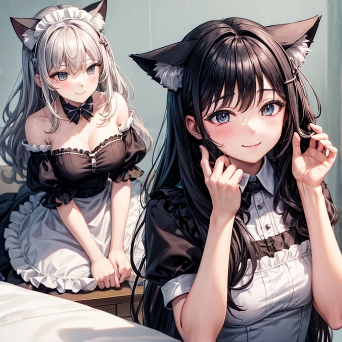 Two maids are helping a woman comb her hair。The noble lady is smiling happily。, The maid takes great pleasure in taking care of her female master.,Cat ears　Red Eye