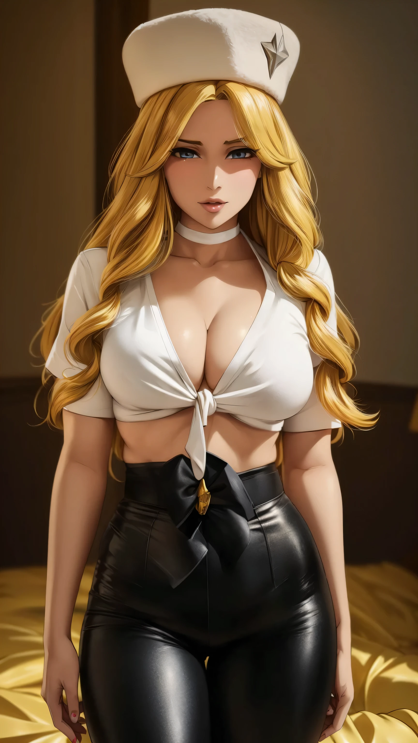 a sexy woman attractive big breast radical youth beautiful long wavy yellow hair wearing cap winter soviet golden her bright colorful eye wears white buttoned blouse tied knot short sleeve and long black pants big thigh sensual long golden heel