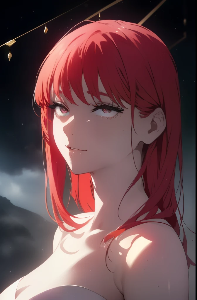 naked body, A ruined building, sexy body, beautiful breasts, waist, bare buttocks, tmasterpiece, beste-Qualit, portraite of a, a 1girl,makima \(chainsaw man\), 独奏, standingn, redhead hair, hairlong, braided, (bright glowing eyes: 1.4), (golden eyes: 1.3), dilated pupils, quiff, Average Breasts, white shirt, tie, opinion, ssmile, looking a viewer, (interview:1.3), hight resolution, (facial focus:1.4), (gaze at the viewer:1.15), (black backdrop,)
