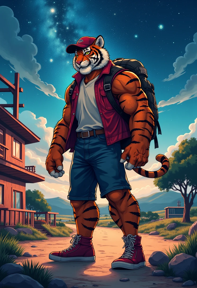 american country, backpacker, muscular middle-aged tiger man, happy, little smile, backpack, baseball cap, costume, half pants, detailed sneaker, standing, hiking, dynamic pose, quantum electromagnetic life form night sky, location Route 66, motel, path, outdoor, detailed painting landscape, BREAK full body in Michelangelo Buonarroti style, digital illustration anime, character focus, full body, looking away, dynamic angle, niji6, niji5, BREAK complete anatomy, perfect proportions, beautiful thigh gap, fluffy body, intricate fur details, beautiful fur texture, BREAK detailed tiger tail, detailed toe, 5toes, 5toes nails, beautiful foot, detailed hands, 5fingers, 5fingers nails, BREAK anime face, insanity detailed face, male face, big face, square jawline, anime eyes, detailed brown eyes, detailed brown cornea, detailed dark brown irises, detailed pupils, male eyes, big eyes, male eyebrows, innocent look, beautiful beard, BREAK masterpiece, official art, best quality, very aesthetic, absurdres, super fine illustration, great quality, BREAK noise reduction, very highres, large filesize, high quality, 32K, 8k wallpaper, dynamic lighting, BREAK insanity detailed, ultra detailed, intricate details, extremely detailed, detailed texture, an extremely delicate and beautiful, full color, HDR, BREAK e621 illustration, Fur Affinity illustration, osukemo, kemohomo, anthropomorphic, furry, harmonious eyes, pastoral face, virtuous body, american country atmosphere 