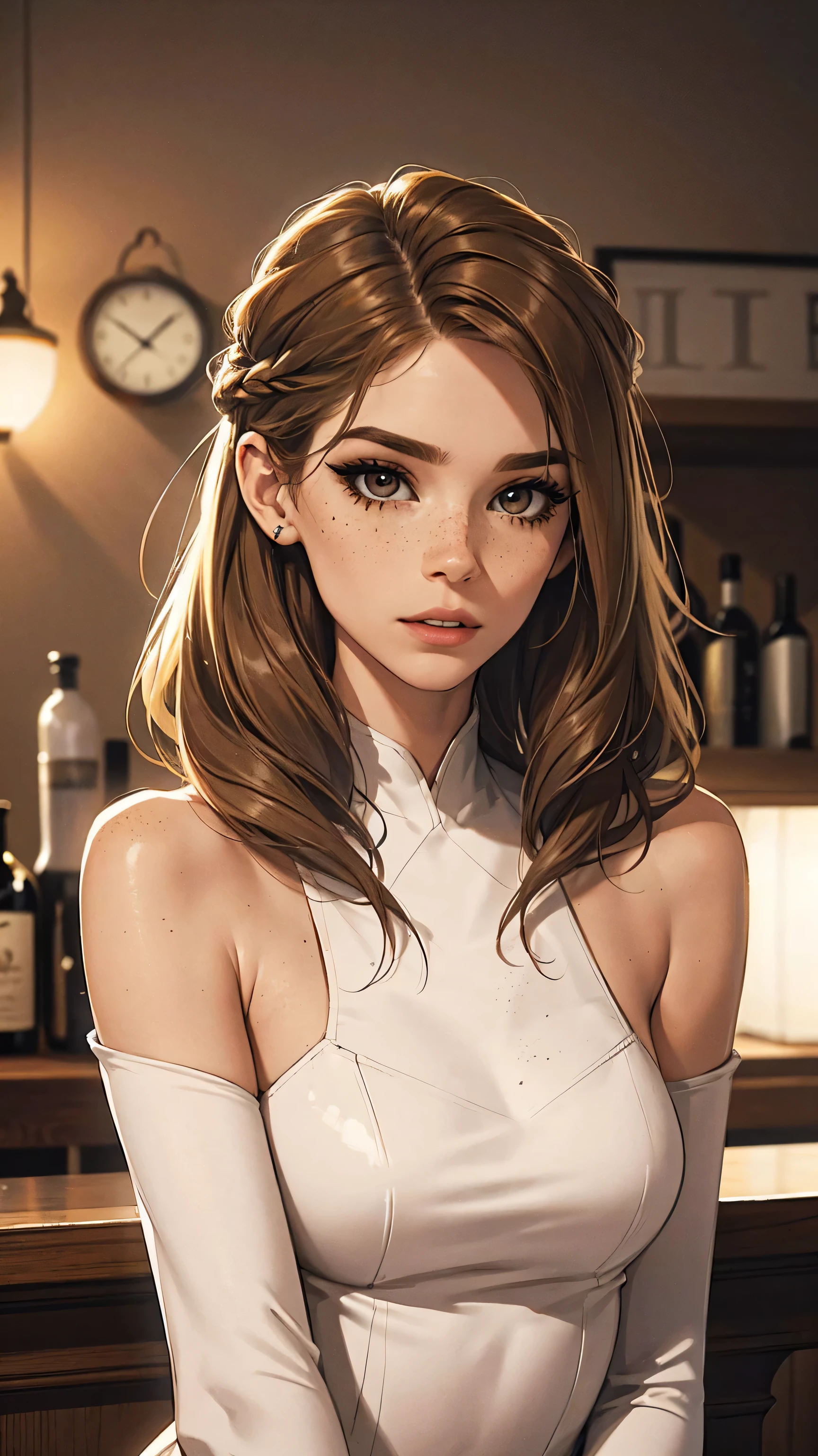 （lifelike， high - resolution：1.3）， 1 girl with a perfect body，slender body, Suprenme face and eyes， blaire ivory, lena anderson, (dark eyelashes, eyeliner), shoulder length  hair, freckles, golden brown  hair with dark roots, shoulder length hair, skinny, petite, saloon girl, saloon bartender, long torso, abdomen, sks woman
