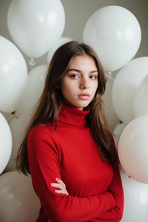fashion portrait photo of beautiful young woman from the 60s wearing a red turtleneck standing in the middle of a ton of white balloons, taken on a hasselblad medium format camera