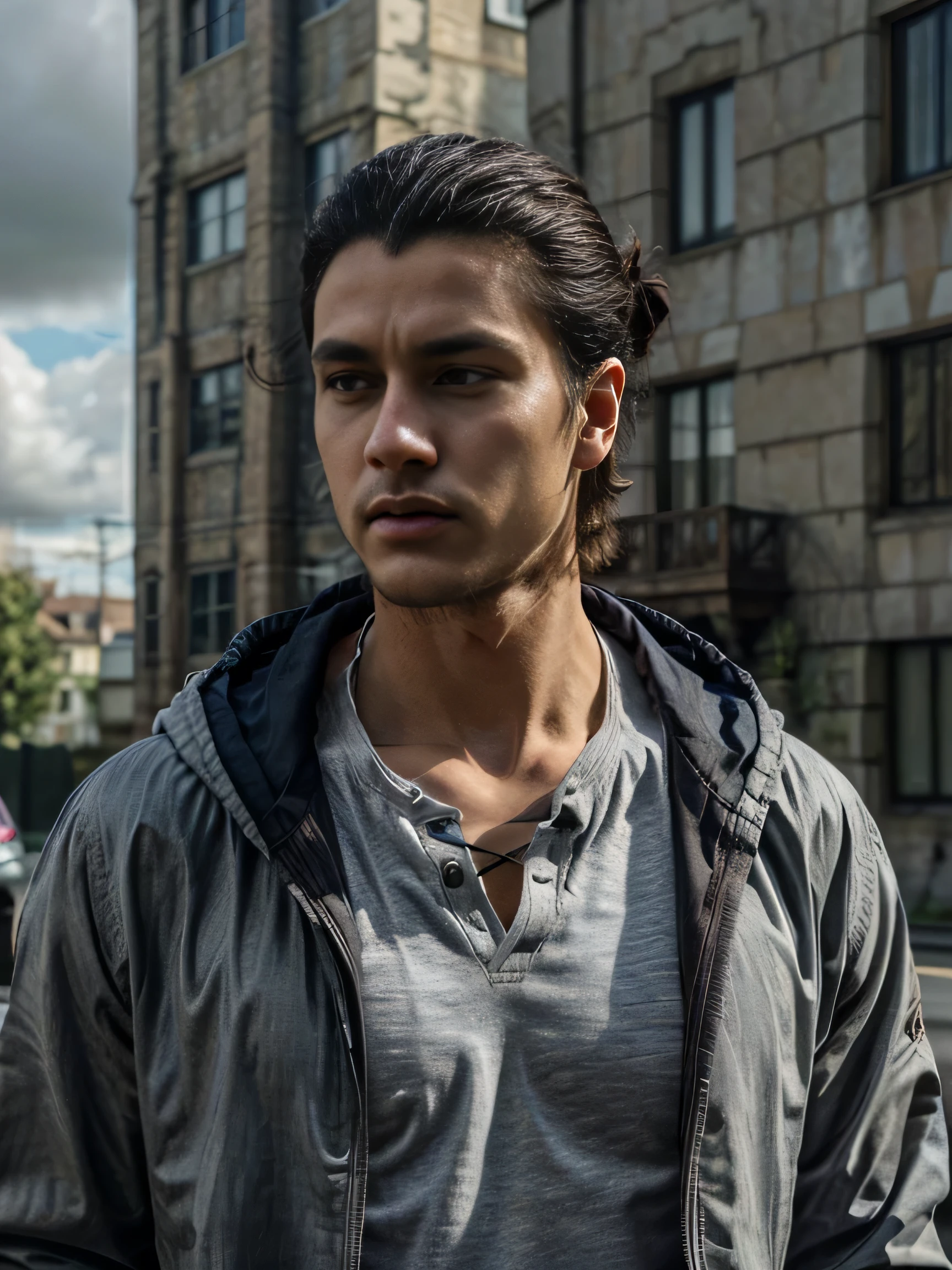 erenad ((1boy)), erenad, solo, looking at viewer, shirt, long sleeves, closed mouth, collarbone, jacket, white shirt, upper body, male focus, outdoors, open clothes, sky, day, cloud, hood, medium hair, blurry, black eyes, black jacket, hoodie, blurry background, expressionless, hood down, cloudy sky, grey shirt,eren_yeager