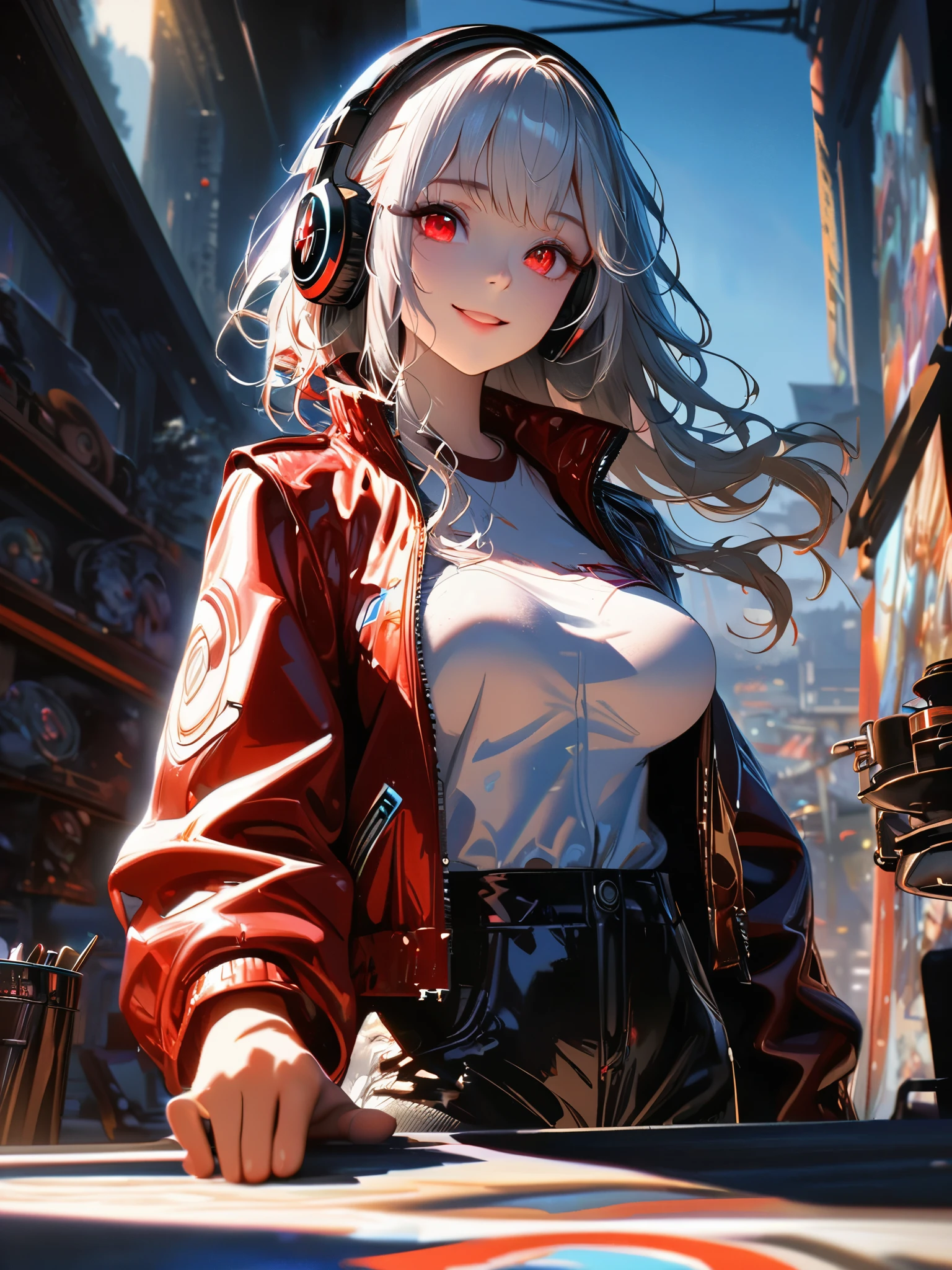 A woman in a red jacket and headphones is standing in front of a table ...