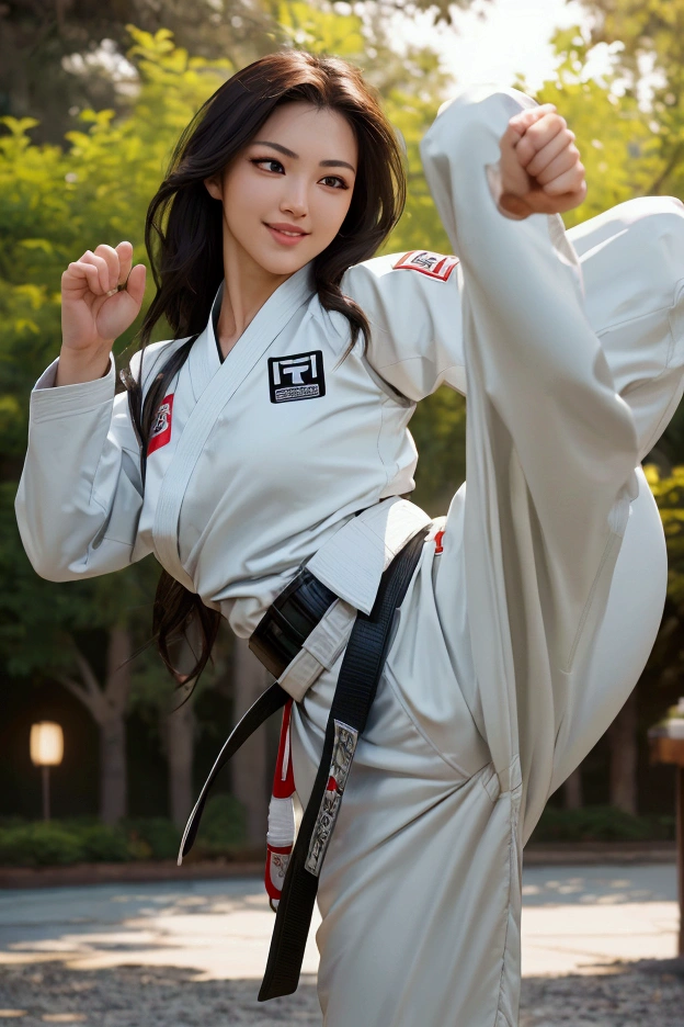 A female karateka with a black belt, kicking with her left leg, (((high-resolution photo))), ultra-high resolution, candid shot, barefoot, gi top opened, belly button, chest, bullring, earth ground, combat stance, in a combative pose, martial arts pose, high-quality photo, karate kick, fighting pose, fighter pose, iconic movie scene, karate pose