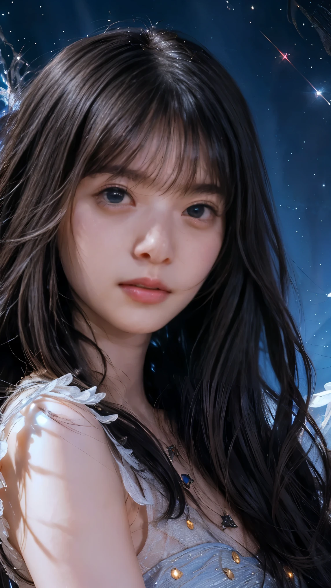 (Highest quality, 32k, High resolution, masterpiece:1.5,), marimo_jet, god々A photograph with a bright glow and healing power., Expressing emotions, Have a rich imagination, Beautiful Japanese Girl, An exceptionally beautiful face, Small Face Beauty, Close-up shot, Getting naked in the pool, (Above water level Above chest height:1.3), ((Right facing:1.3)), Perfect Human Anatomy, Magical big eyes, Motherhood and generosity, Deep Love, fleeting smile, ((Hair that shines like the starry sky:1.8)), Super Long Straight Silk Hair, Asymmetrical bangs, Hair between the eyes, transparent, Soft white skin, Sharp eyebrows, Thin lashes, Natural Makeup, Cheek highlighter, Pale pink lips, High resolutionの完璧な鎖骨, High resolutionの美しい胸元, Slim figure and ample breasts, blue night, The water surface reflects the moon and shines, sparkling light effect, Professional Lighting, Professional Photographer, Professional Model, god秘的