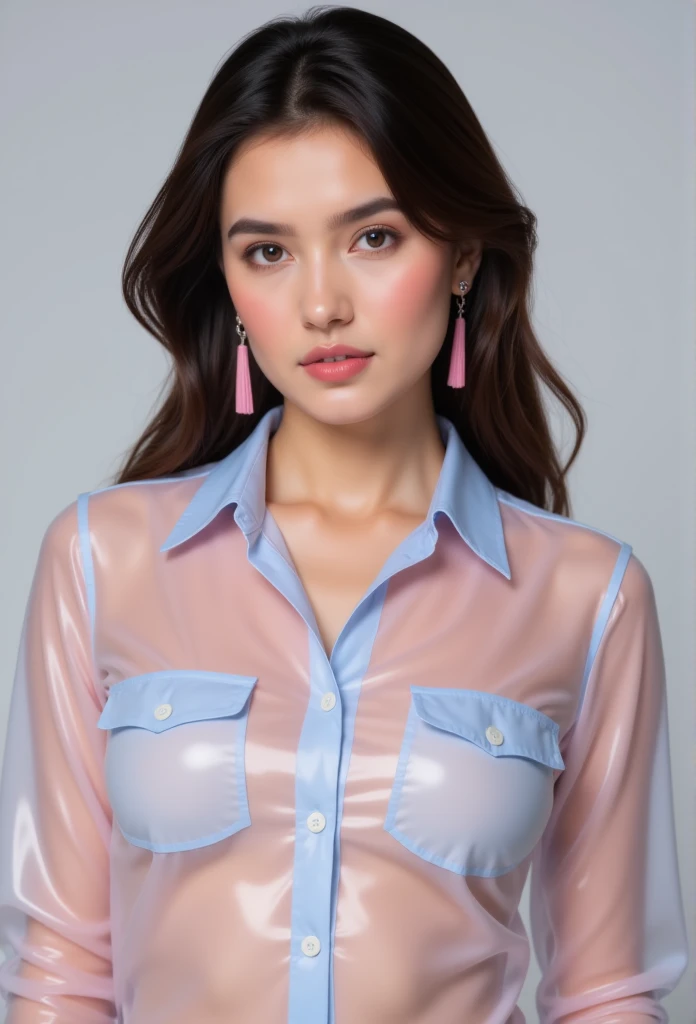 masterpiece, Beautiful girl in transparent latex shirt, Latex shirt buttons, Pink and light blue latex, PVC shirt transparent, plump, Slim, agile, Glossy makeup, Perfect style, Pink earrings, Sexy, Ultra HD resolution, Ultra-high-definition images, Full body photo 