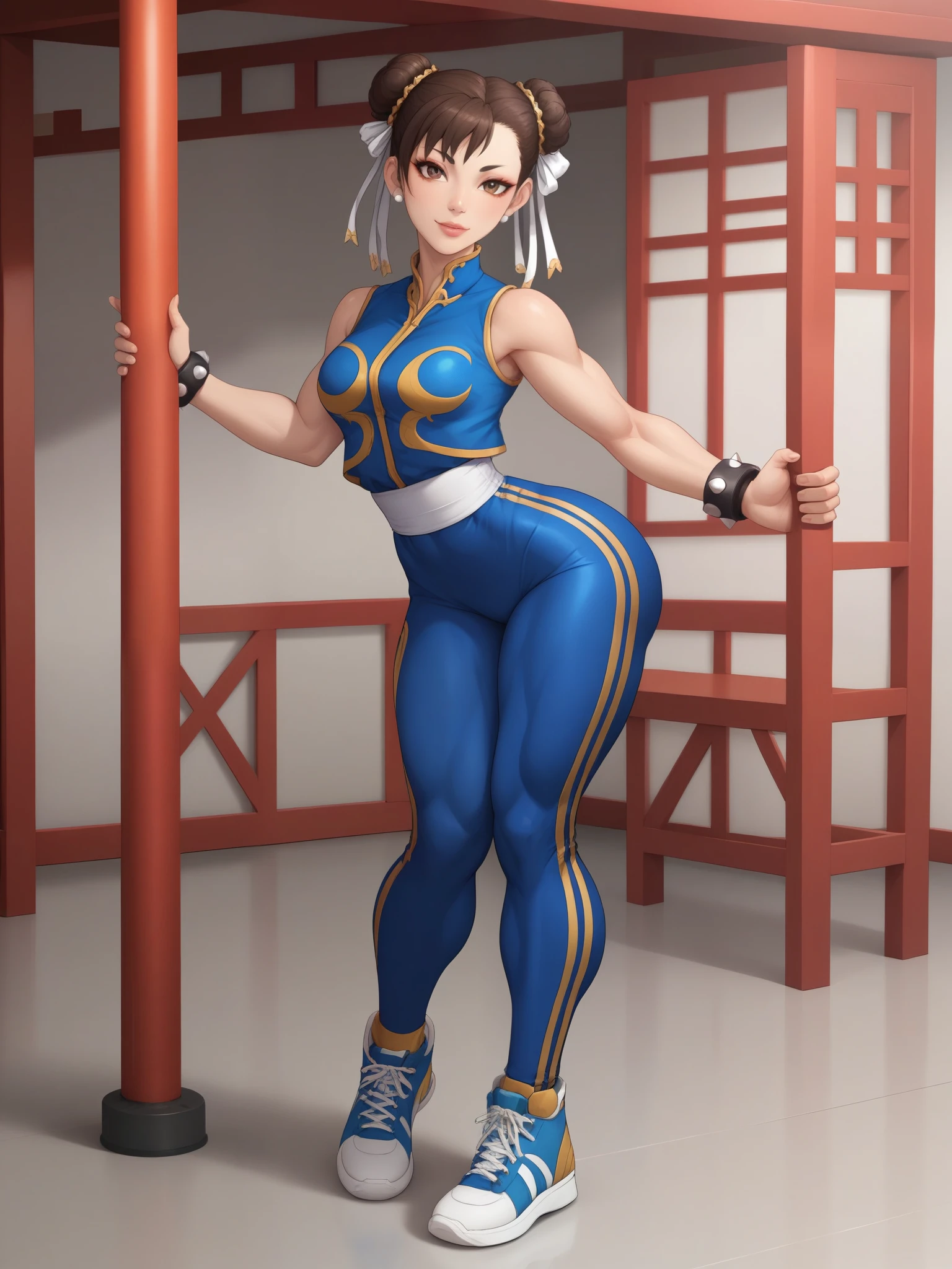 Chun-li. brown hair. odango's hairstyle is tied with ribbons.brown eyes. Big growth. athletic legs. very small breasts. huge, toned thighs. A Chinese acrobatic costume consisting of a tight-fitting jumpsuit, vest and sneakers. china bar