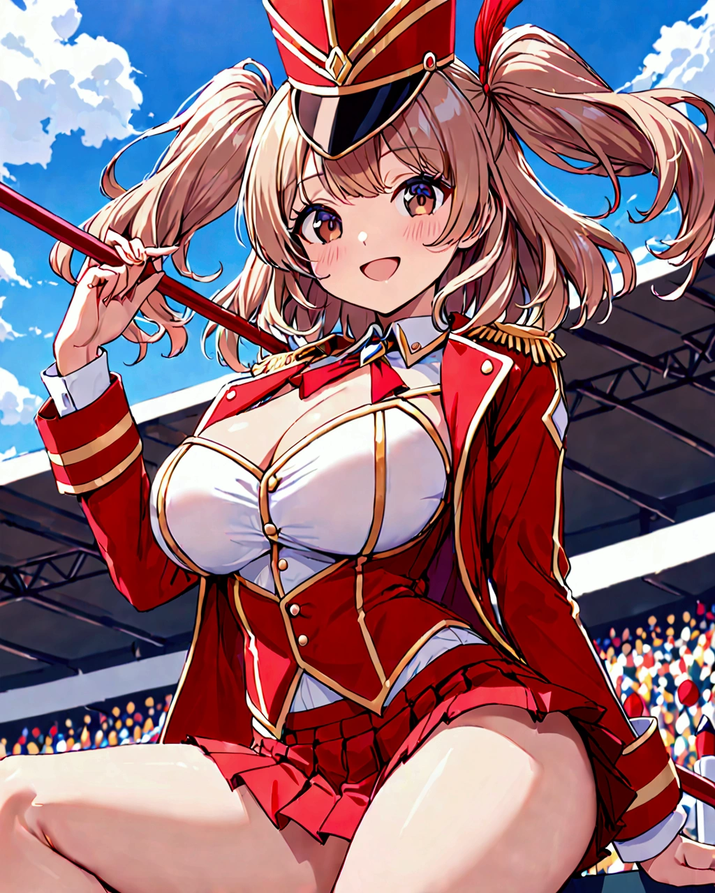 (best quality), (beautiful), (masterpiece), petite, 1girl, upper body above the knees, (marching band costume, spencer jacket, pleated miniskirt. drum major hat:1.2), light smile, open mouth, light brown hair, medium hair, wave hair, two side up with ribbon, dark brown eyes, large breasts, looking at viewer, cheerful pose, outdoor stage, from side below